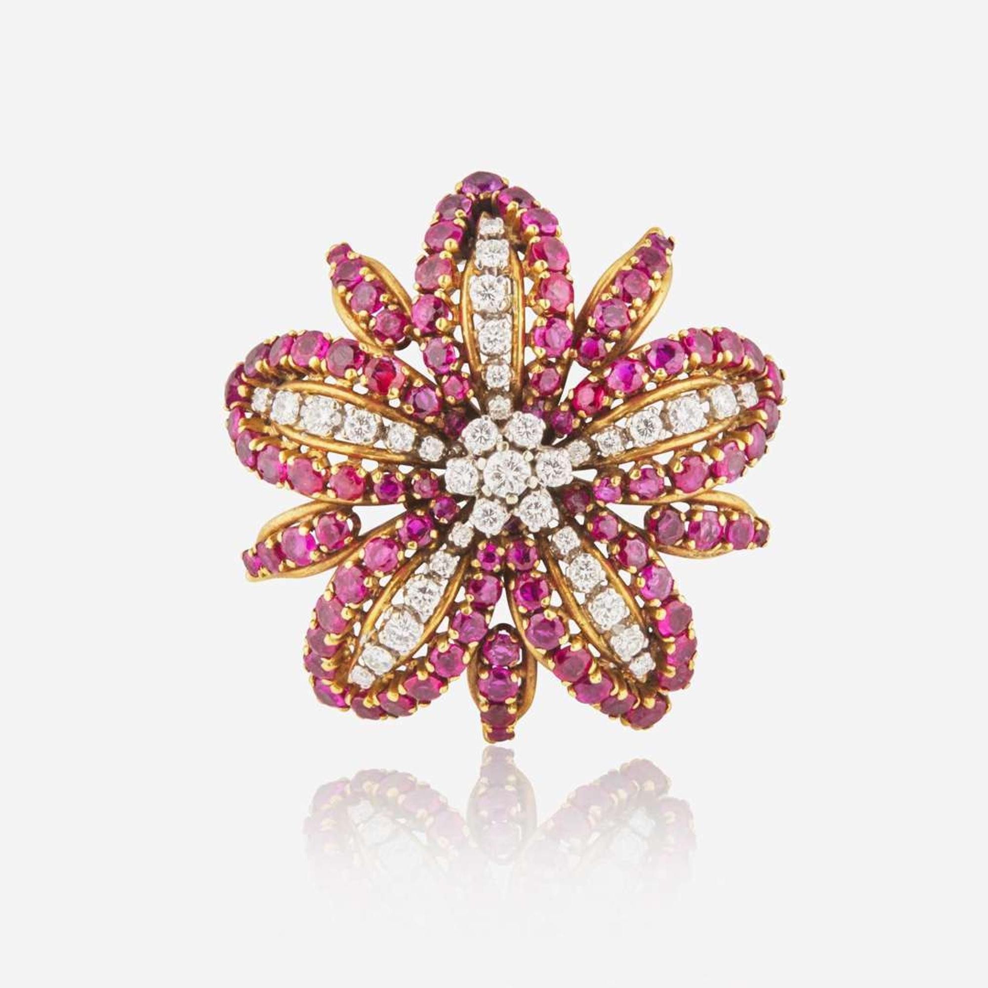 An 18K Yellow Gold, Diamond, and Ruby Brooch