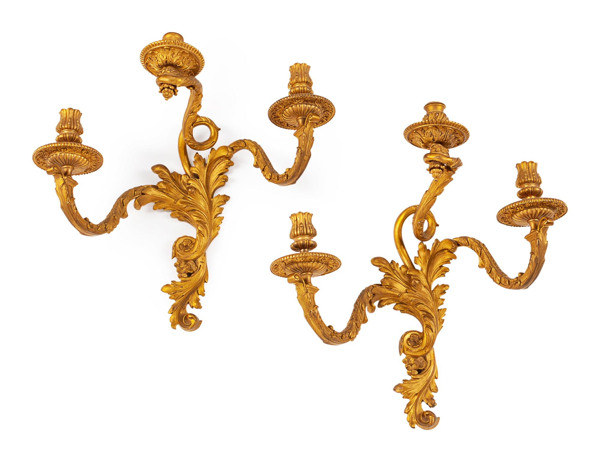 A Pair of Louis XV Style Gilt Bronze Three-Light Sconces