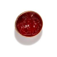 A Roman Carnelian Ring Stone with a Standing Man and Horse, Possibly Castor or Pollux — Set in a gold pendant