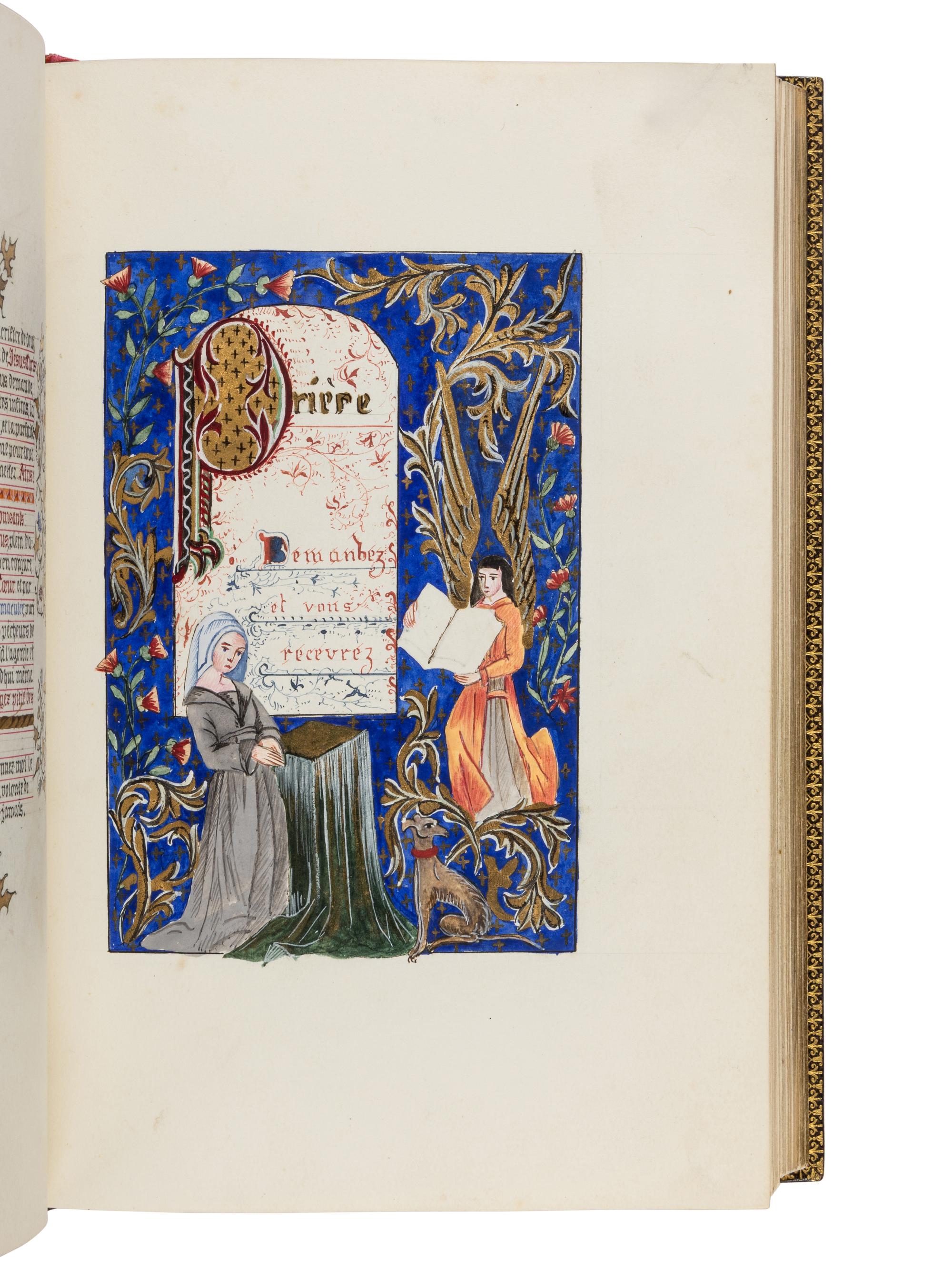 GOTHIC REVIVAL MANUSCRIPT Livre d’Heures [Marriage book offered on the occasion of the wedding of Paul Champion with Julie Rayel, 14 February 1882: “14 février Julie Rayel unie à Paul Champion 1882” ] in French, illuminated manuscript on paper, with illuminated and historiated bracket borders and seven full-page miniatures, France, Paris, c. 1882 (or little before).