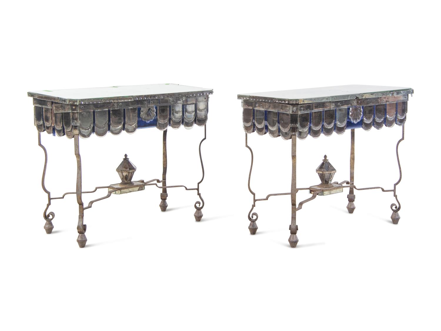 A Pair of French Steel and Mirrored Console Tables
