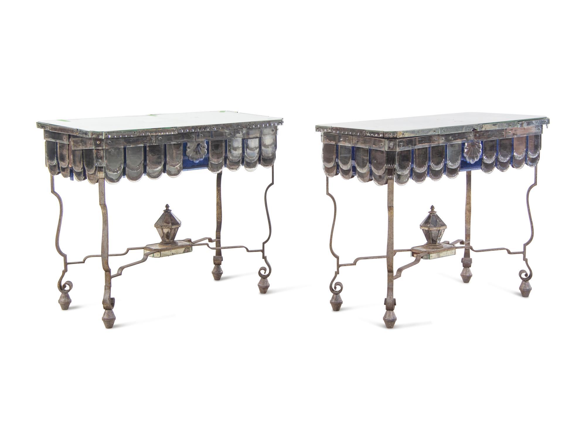 A Pair of French Steel and Mirrored Console Tables