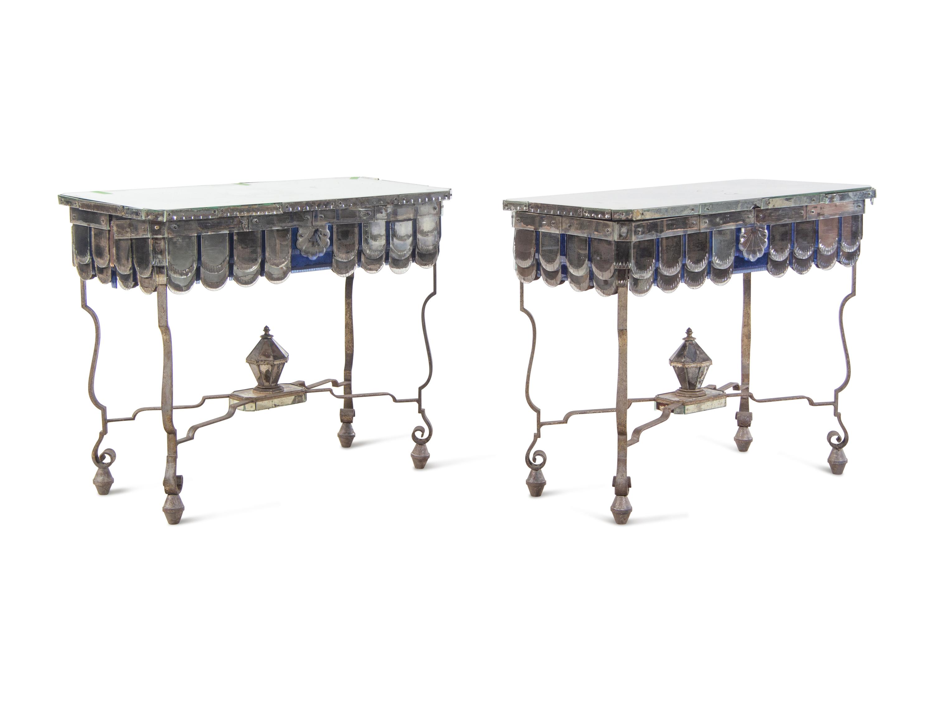 A Pair of French Steel and Mirrored Console Tables