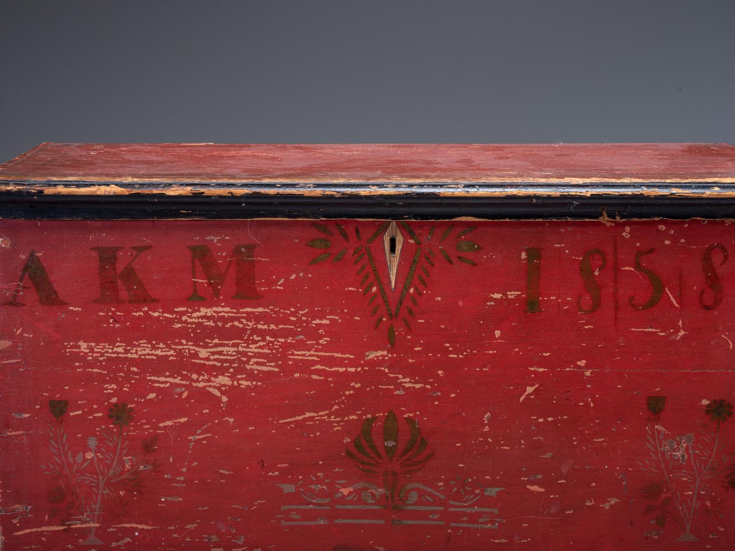 A Soap Hollow Red-Black and Gilt, Stencil-Decorated Poplar and Pine Miniature Blanket Chest