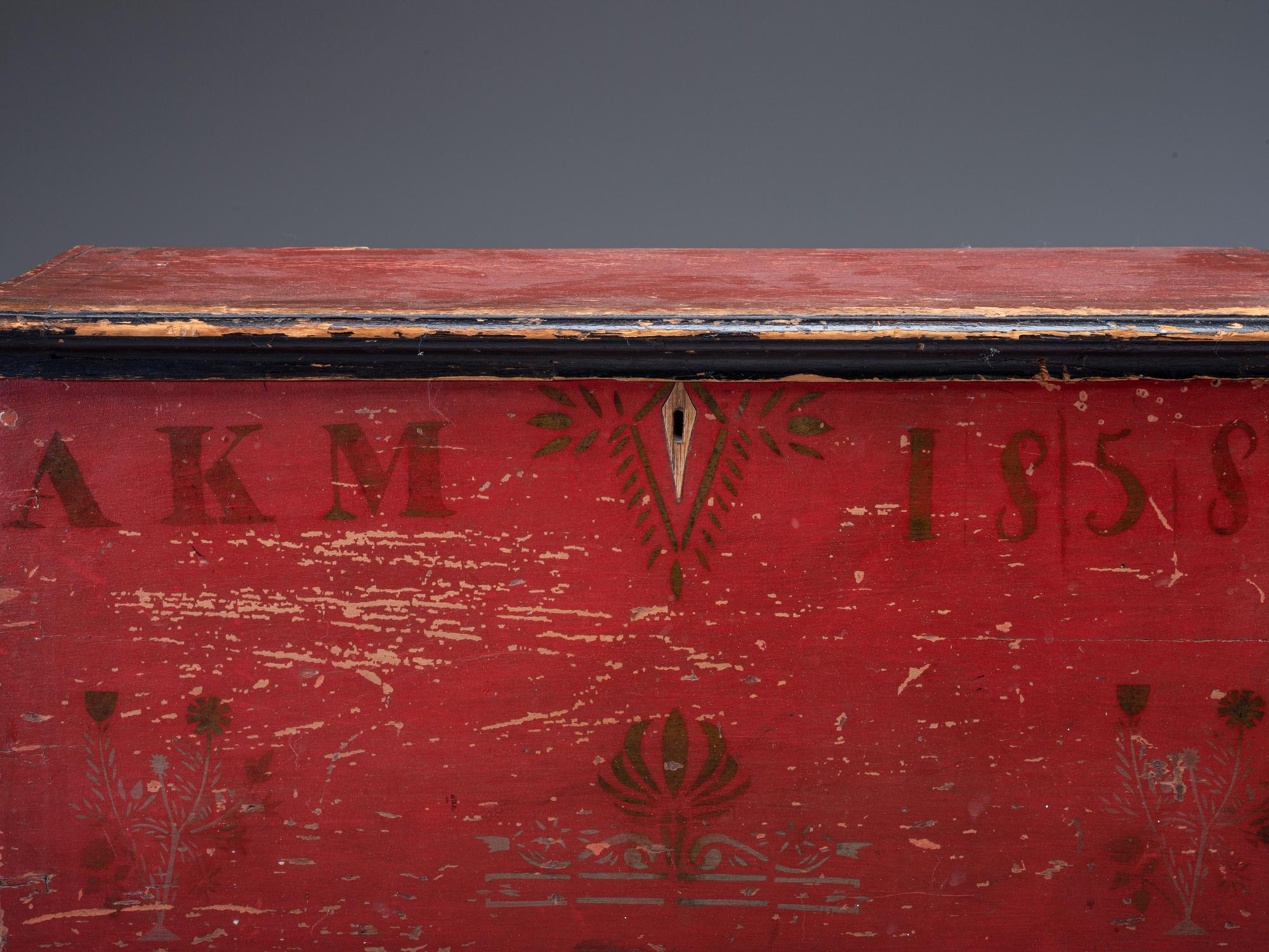 A Soap Hollow Red-Black and Gilt, Stencil-Decorated Poplar and Pine Miniature Blanket Chest