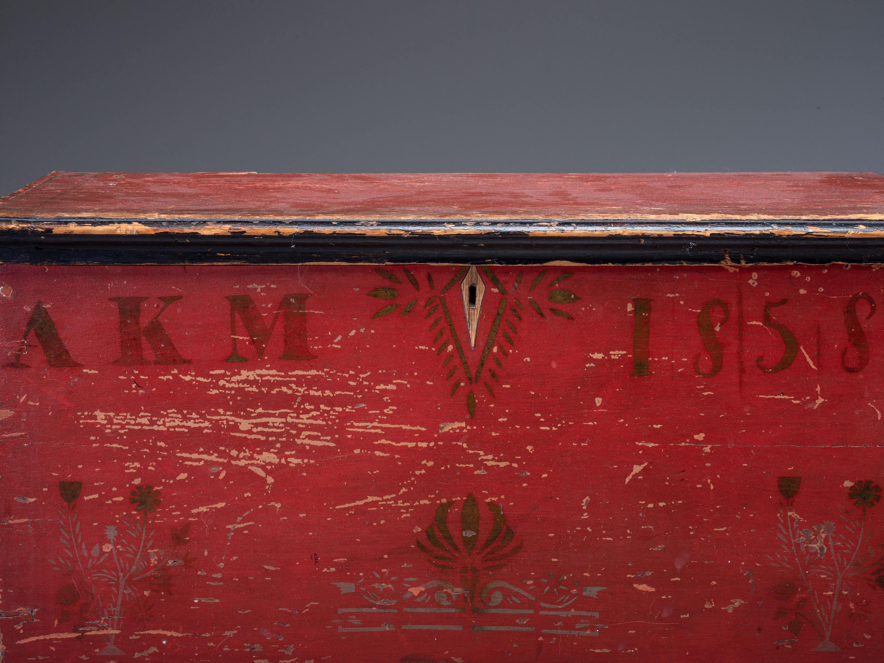 A Soap Hollow Red-Black and Gilt, Stencil-Decorated Poplar and Pine Miniature Blanket Chest