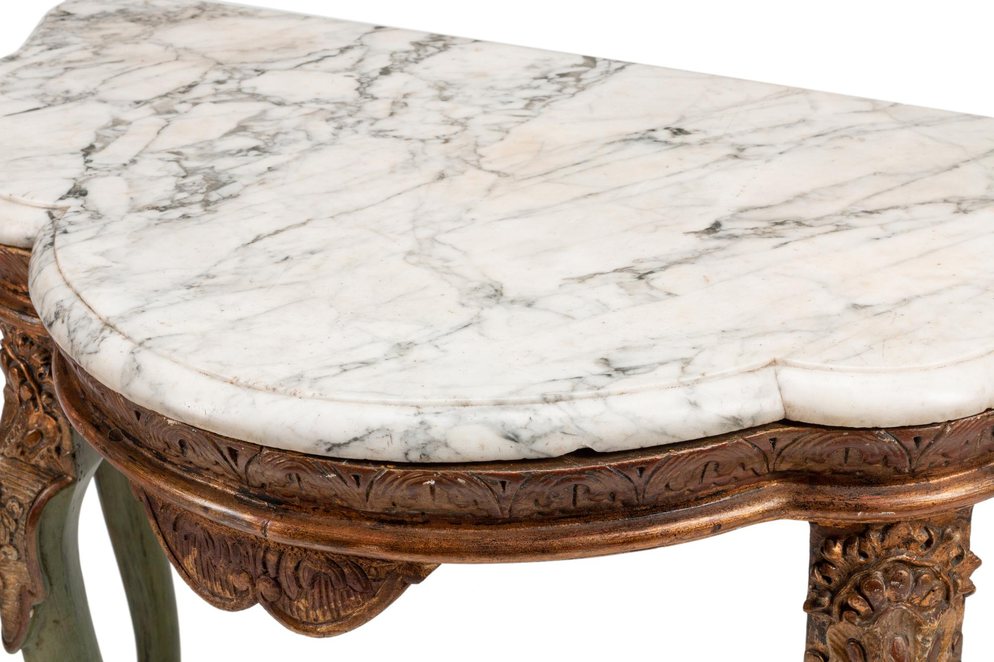 A Pair of Italian Green Painted and Parcel Gilt Marble-Top Console Tables