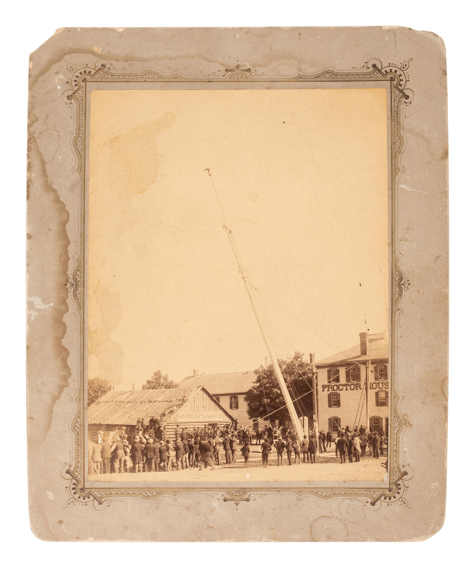 [HARRISON, Benjamin]. Large format albumen photographs of Harrison & Morton log cabin campaign buildings.