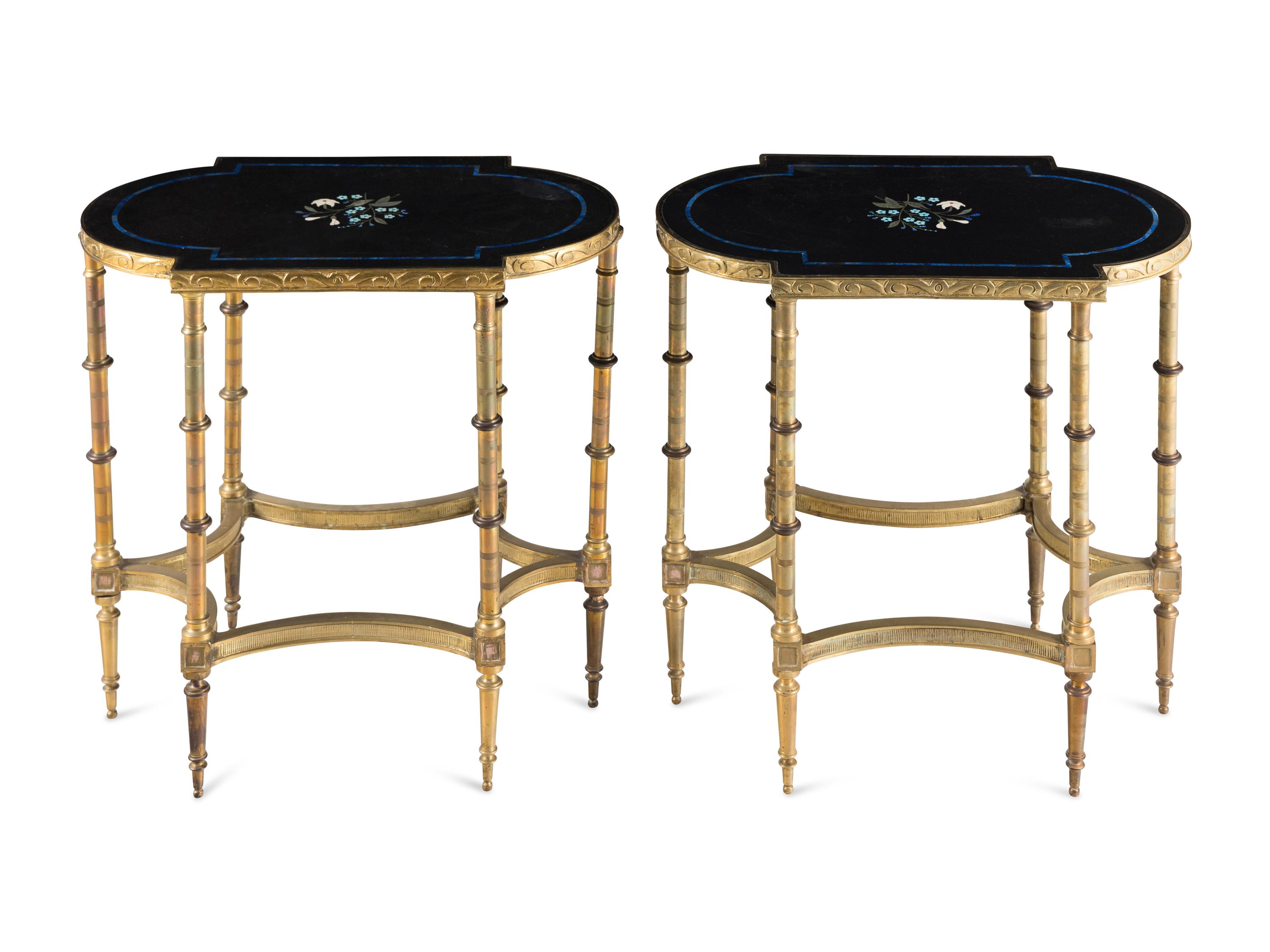 A Pair of Neoclassical Style Gilt Bronze and Pietra Dura Occasional Tables