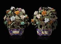 A pair of Chinese hardstone and enameled metal floral jardinières 寶石盆栽一對