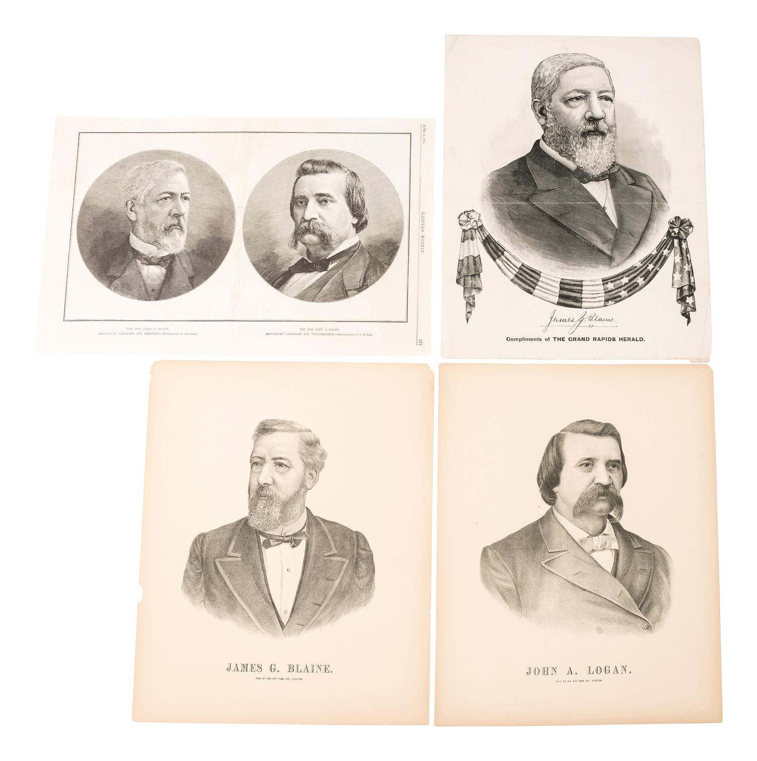 [1884 ELECTION] -- [BLAINE, James G.]. A group of cabinet cards, advertising cards, lithographs, and other ephemera from Blaine's 1884 presidential campaign, comprising: