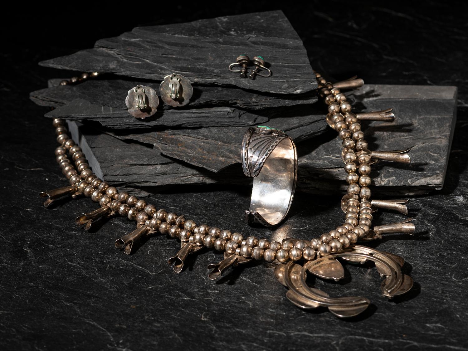 Navajo Silver and Turquoise Squash Blossom Necklace, Cuff Bracelet, and Earrings