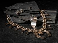 Navajo Silver and Turquoise Squash Blossom Necklace, Cuff Bracelet, and Earrings