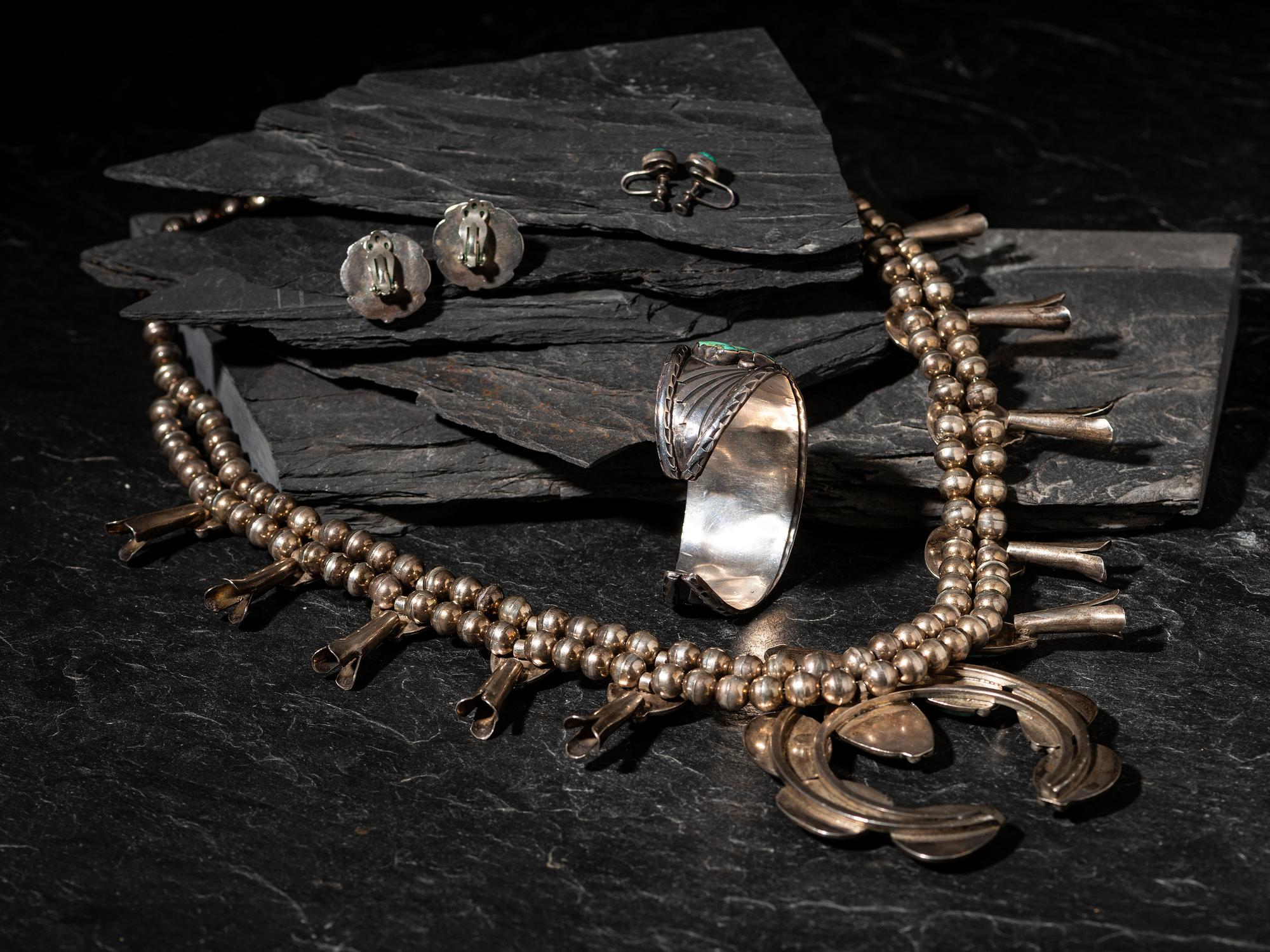 Navajo Silver and Turquoise Squash Blossom Necklace, Cuff Bracelet, and Earrings