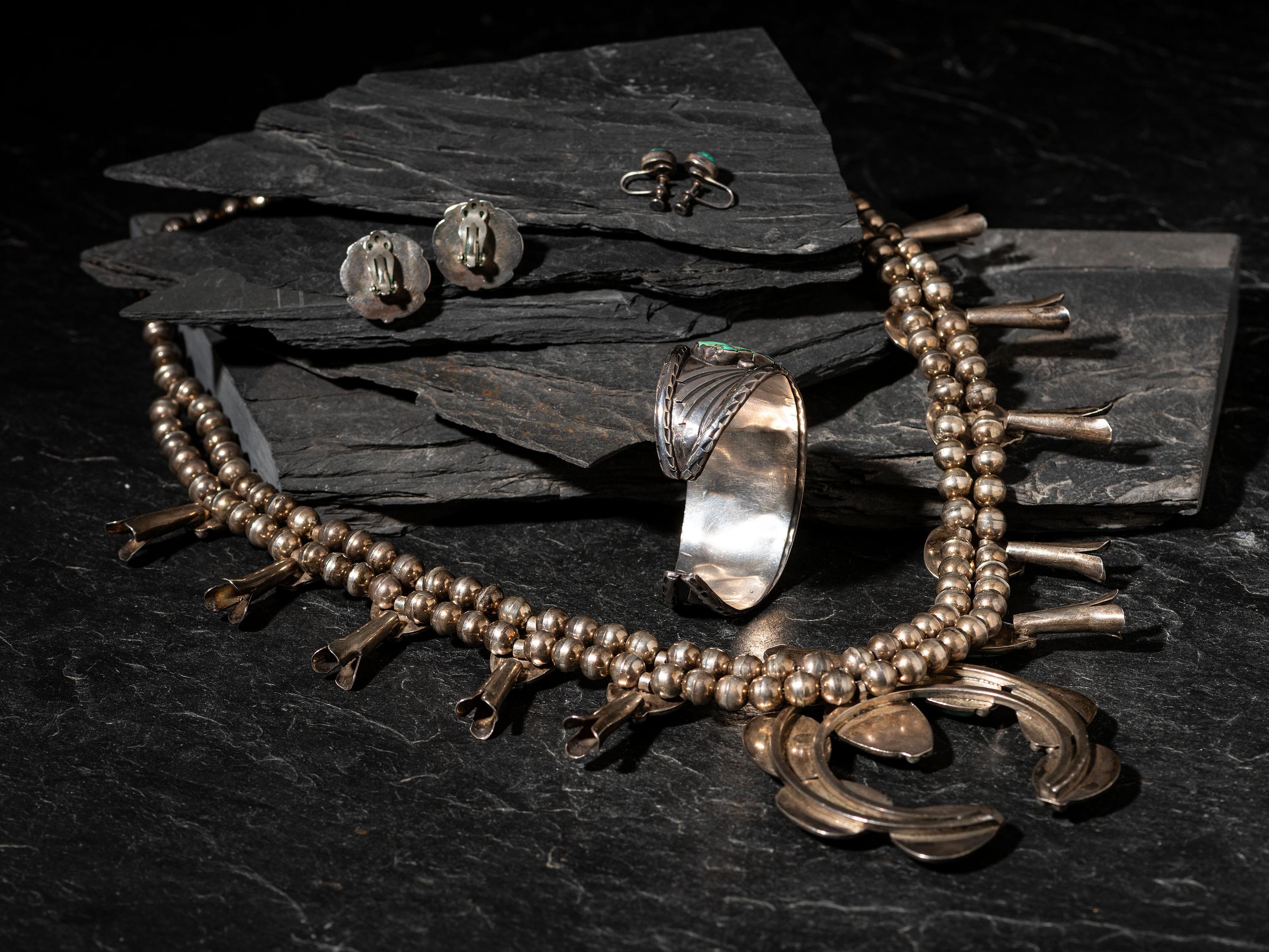 Navajo Silver and Turquoise Squash Blossom Necklace, Cuff Bracelet, and Earrings