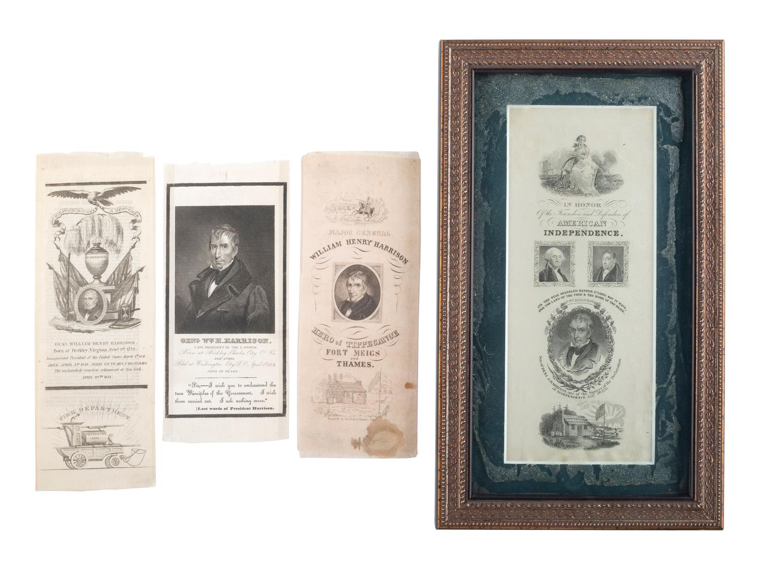 [HARRISON, William Henry (1773-1841)]. A group of 5 items, highlighted by 4 silk campaign and memorial ribbons.