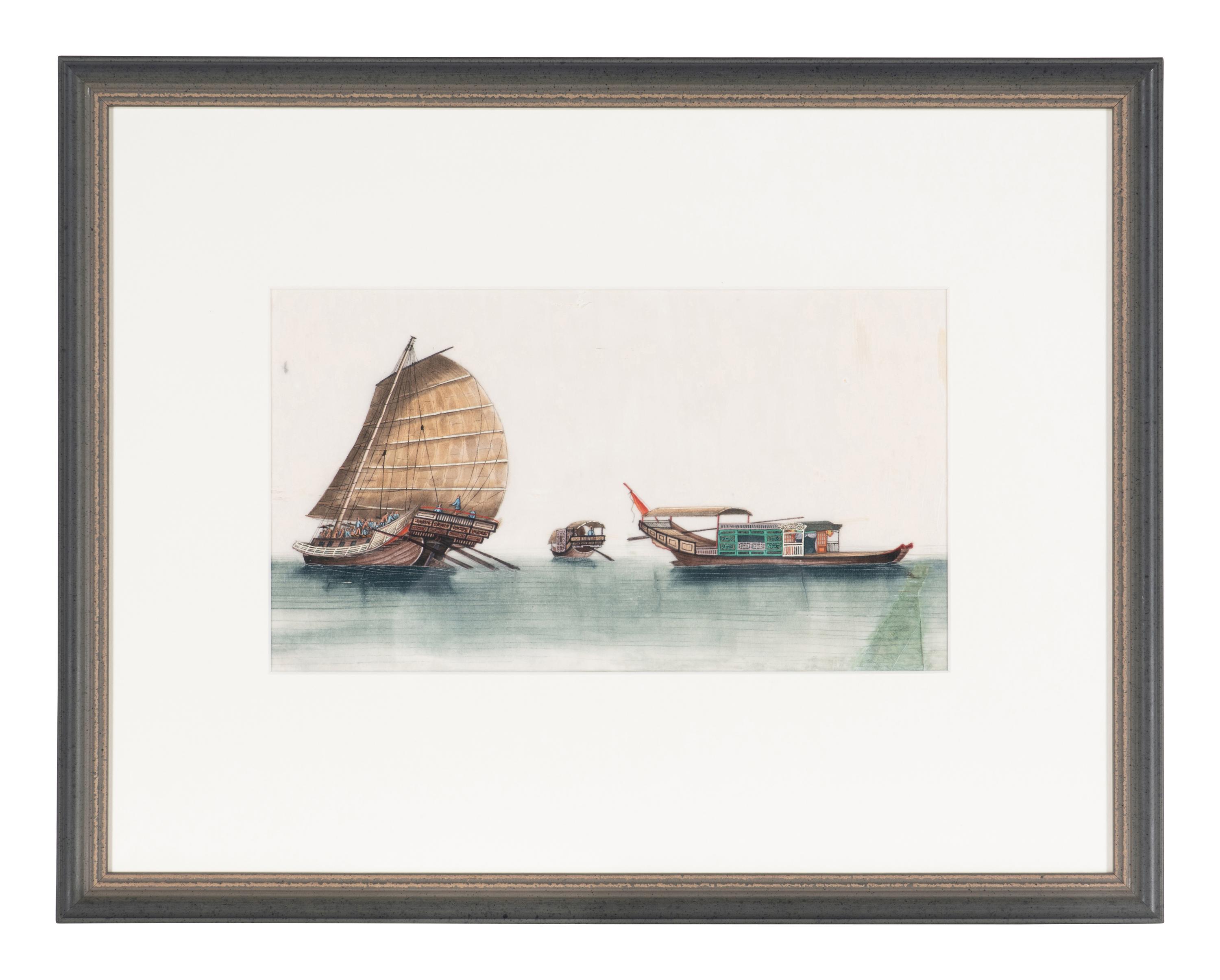 A Set of Eight Chinese Export Pith Paintings, Late Qing Dynasty 清晚期 通草畫船隻圖鏡框八幅
