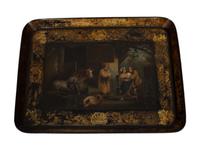 An English Lacquered Papier-Mâché Tray in Fitted Mahogany Stand
