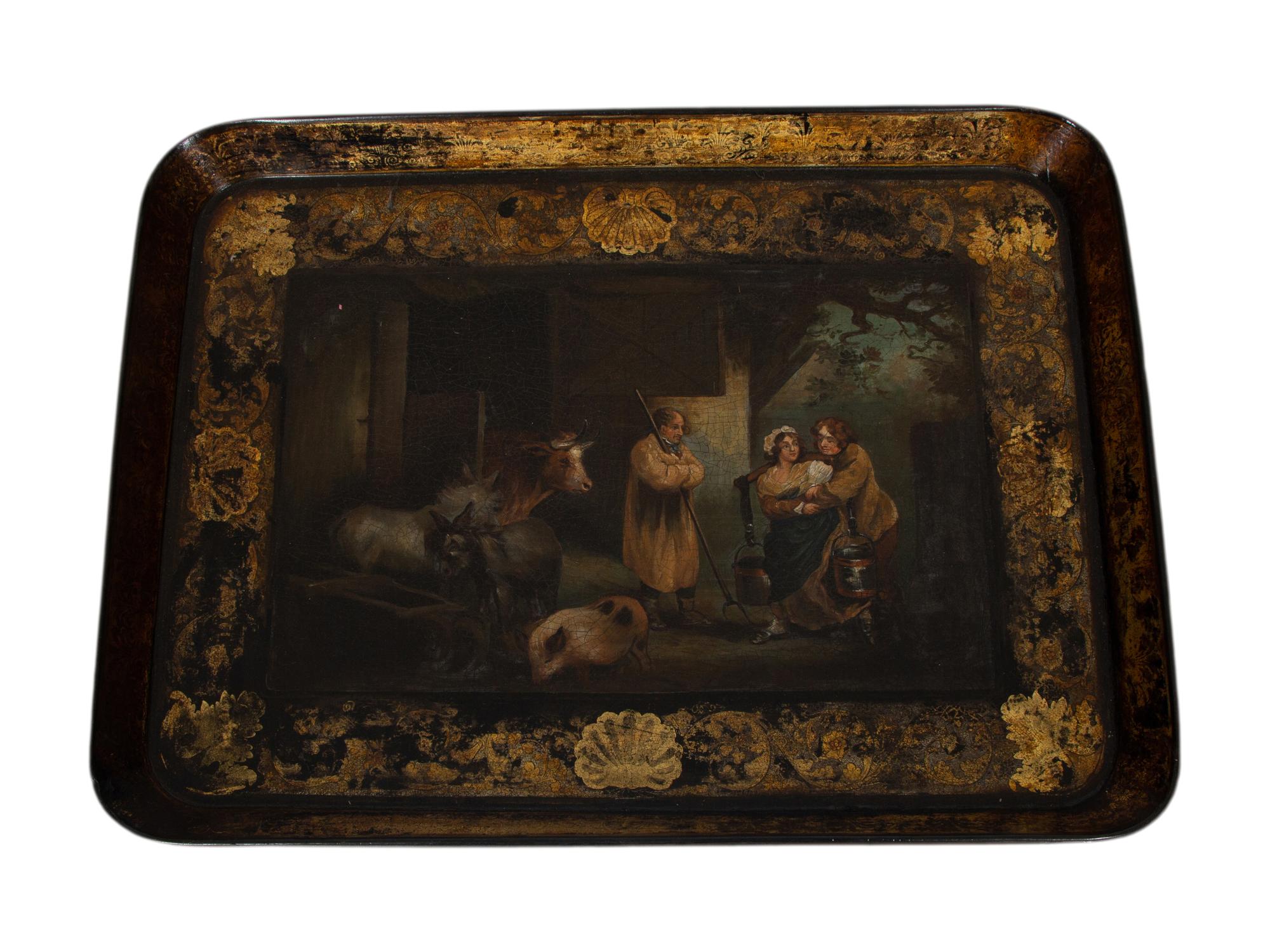 An English Lacquered Papier-Mâché Tray in Fitted Mahogany Stand