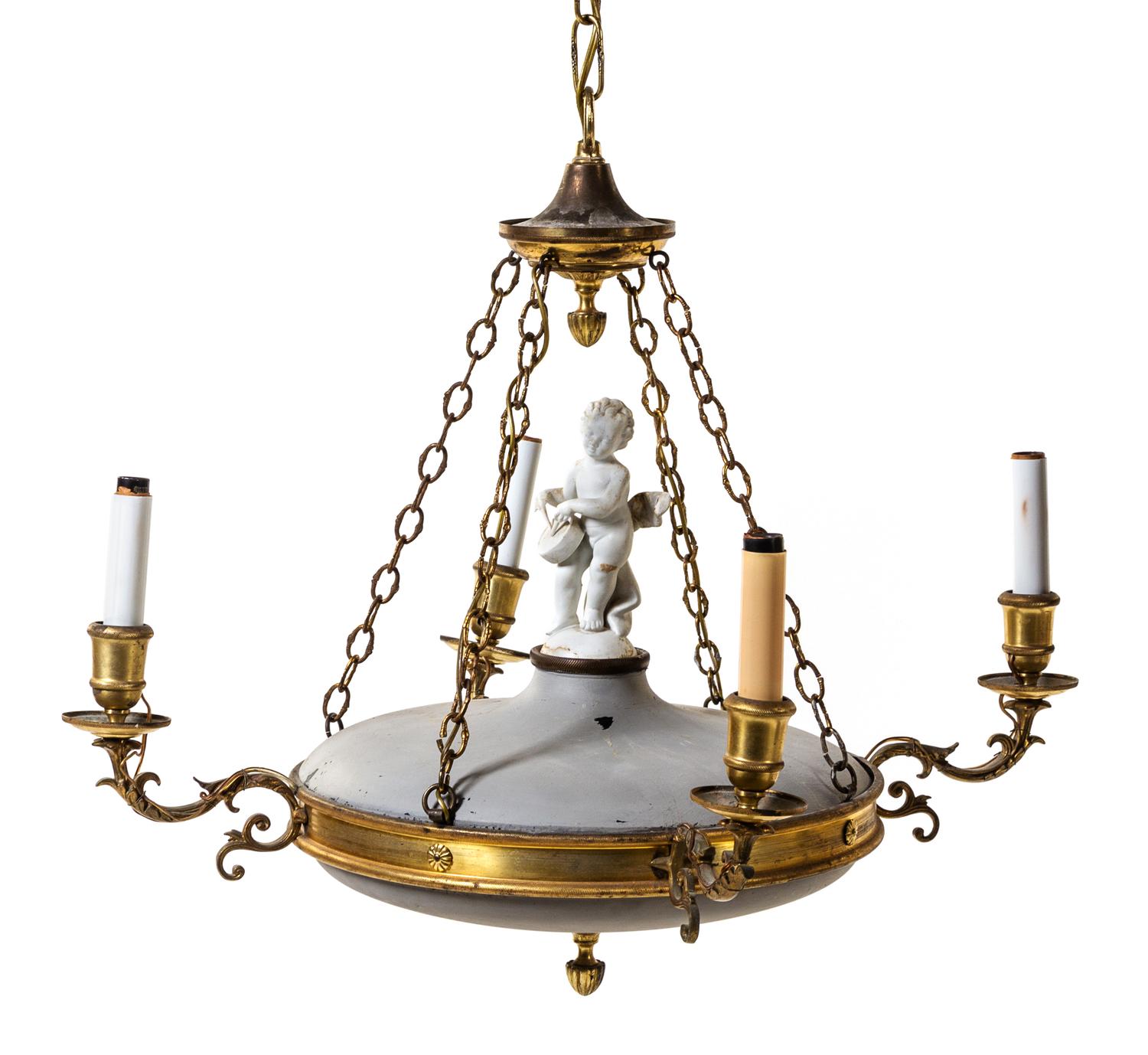 A Gilt Metal, Bisque Porcelain and Tole Chandelier Diameter 26 inches. — EARLY 20TH CENTURY, INCORPORATING VARIOUS ELEMENTS