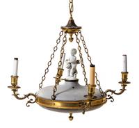 A Gilt Metal, Bisque Porcelain and Tole Chandelier Diameter 26 inches. — EARLY 20TH CENTURY, INCORPORATING VARIOUS ELEMENTS