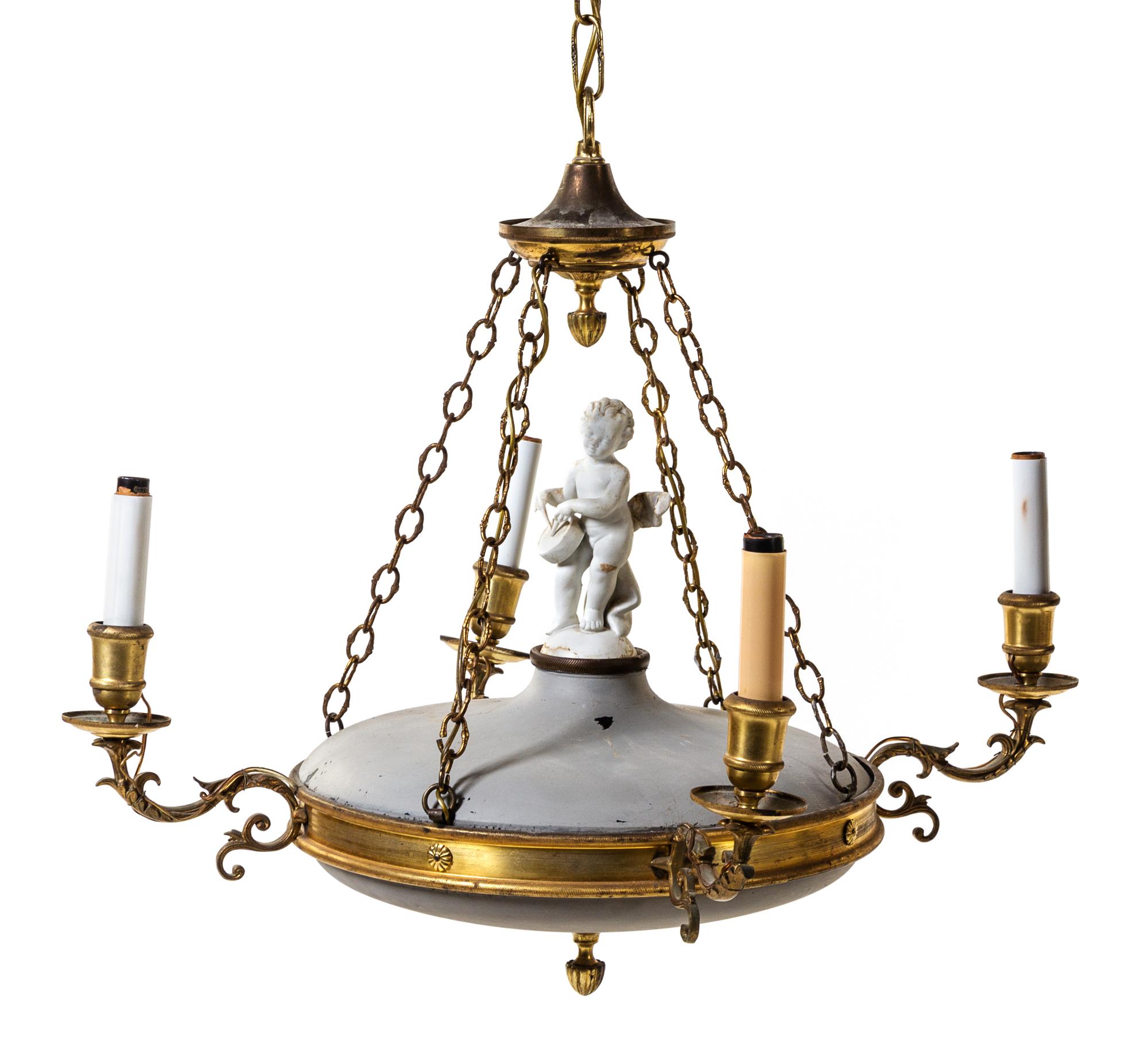 A Gilt Metal, Bisque Porcelain and Tole Chandelier Diameter 26 inches. — EARLY 20TH CENTURY, INCORPORATING VARIOUS ELEMENTS