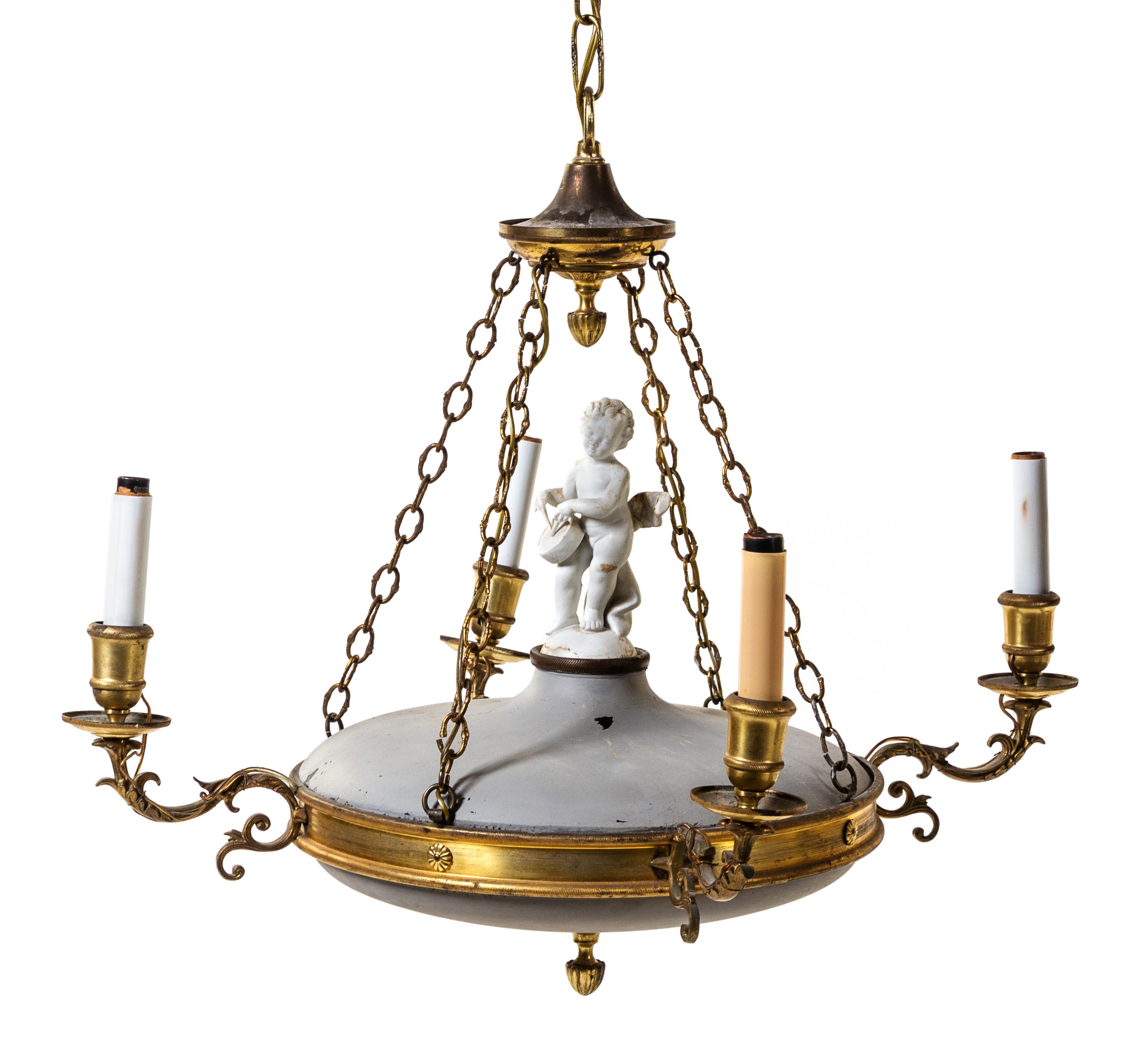 A Gilt Metal, Bisque Porcelain and Tole Chandelier Diameter 26 inches. — EARLY 20TH CENTURY, INCORPORATING VARIOUS ELEMENTS