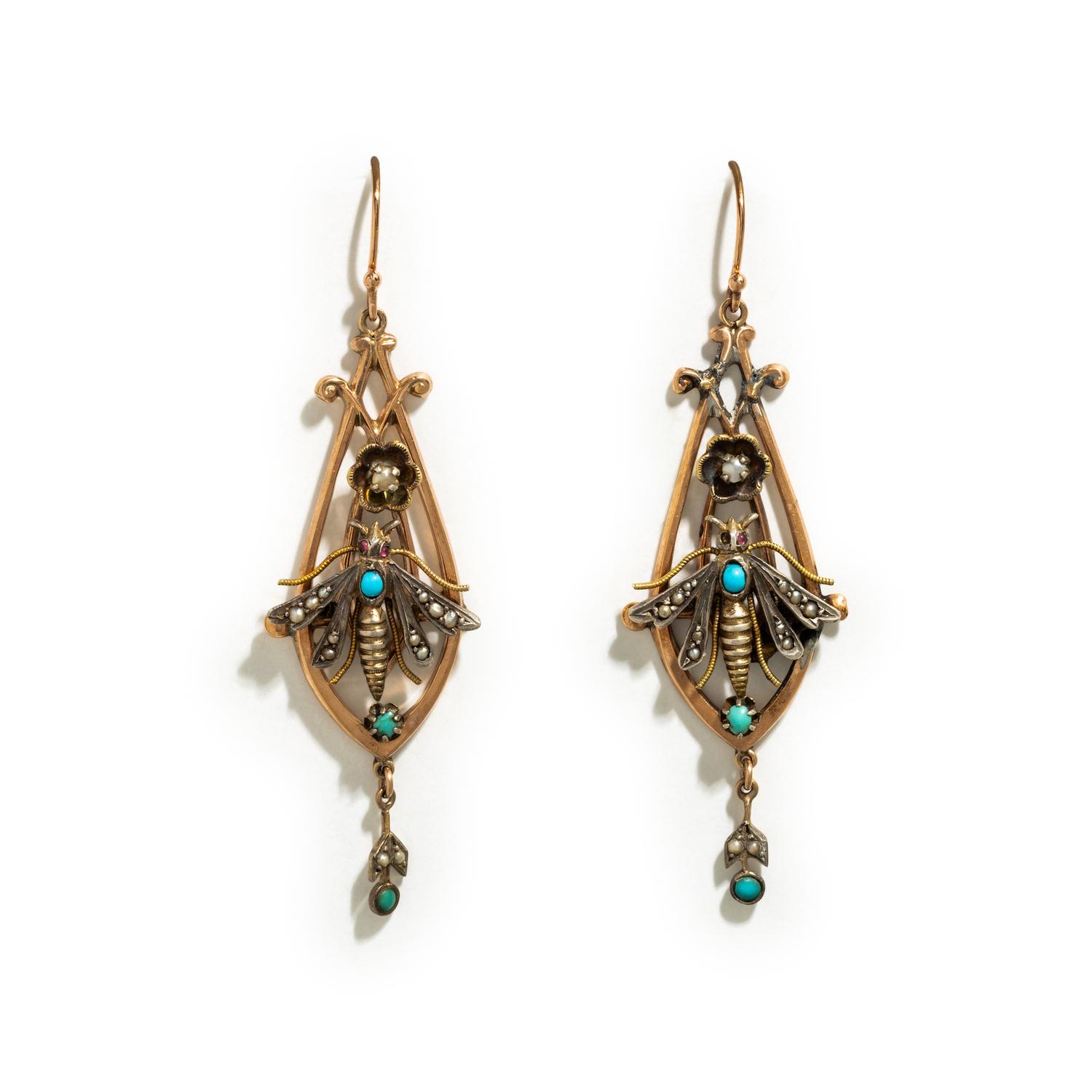 VICTORIAN, TURQUOISE AND SEED PEARL EARRINGS