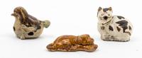 Three Pottery Figures of Animals Height of tallest 3 inches.