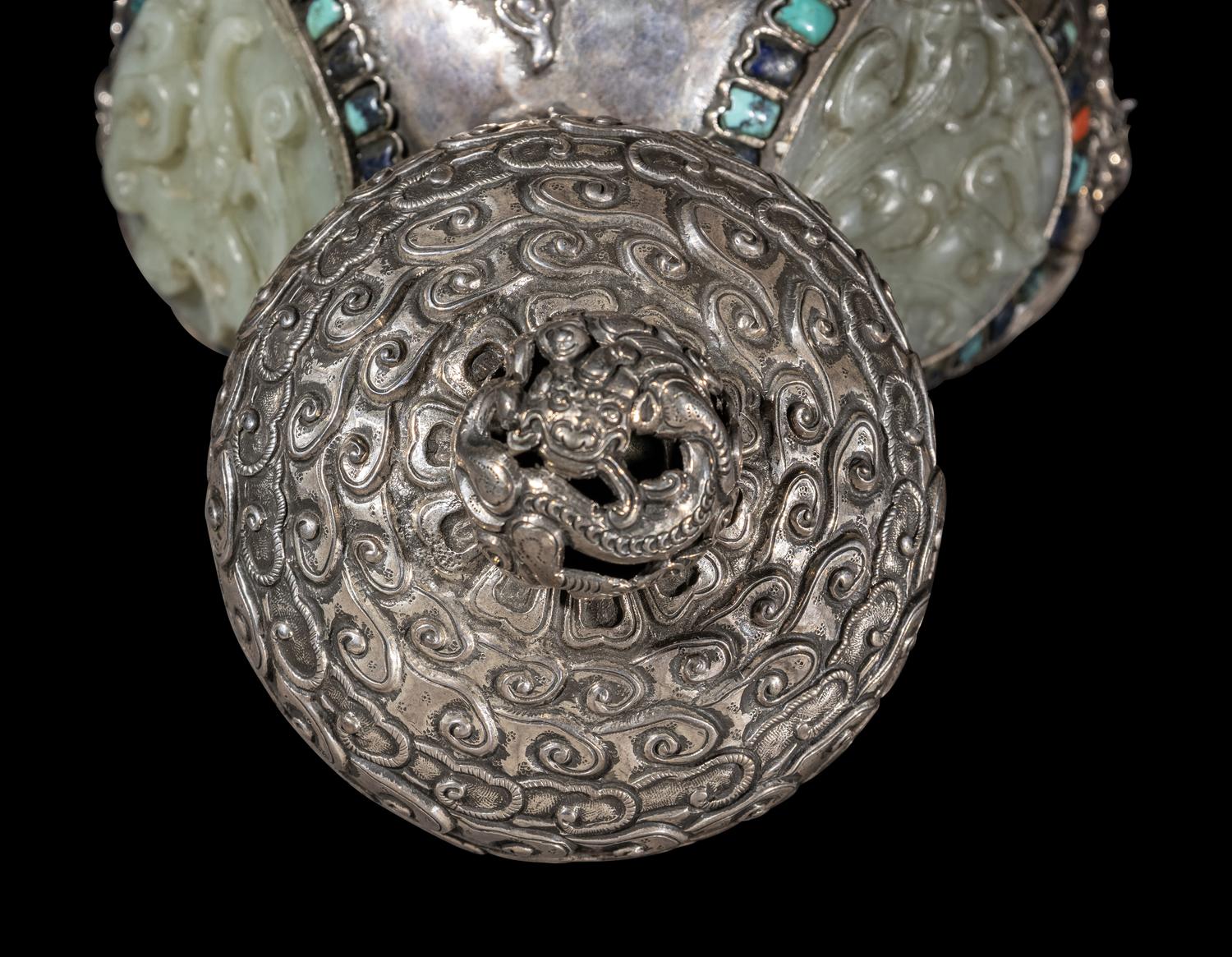 A Mongolian Jade and Hardstone Inset Silver Covered Hu Vessel