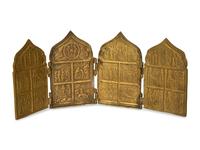 A Painted Russian Icon of Christ Enthroned Surrounded by Saints and a Brass Four-Panel Travel Prayer Icon
