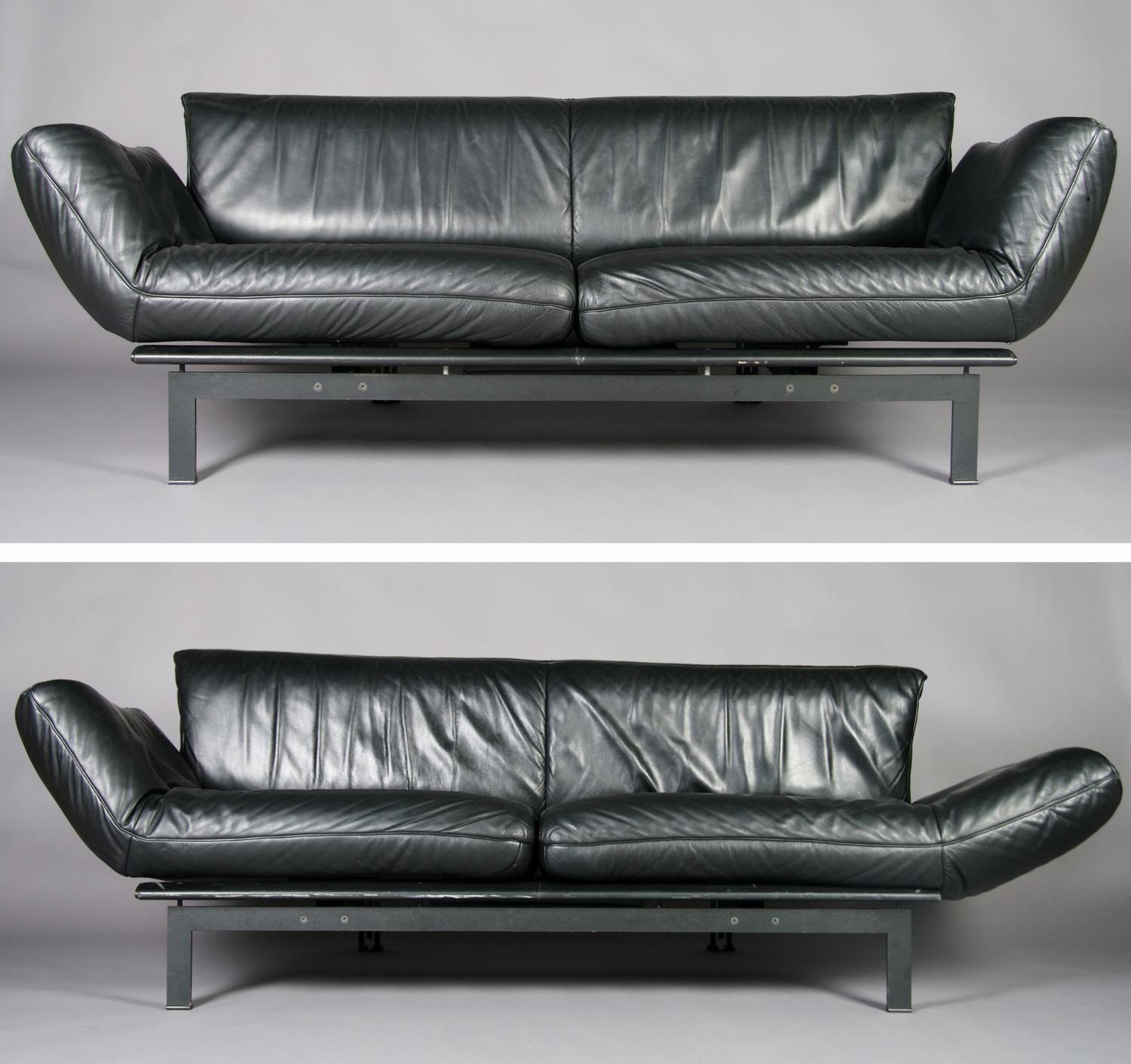 A Pair of Swiss Leather Couches, de Sede, Height 30 x width 87 x depth 33 inches.