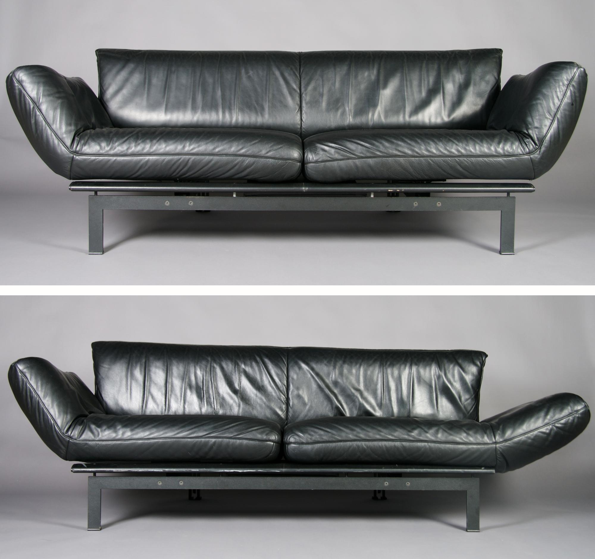 A Pair of Swiss Leather Couches, de Sede, Height 30 x width 87 x depth 33 inches.