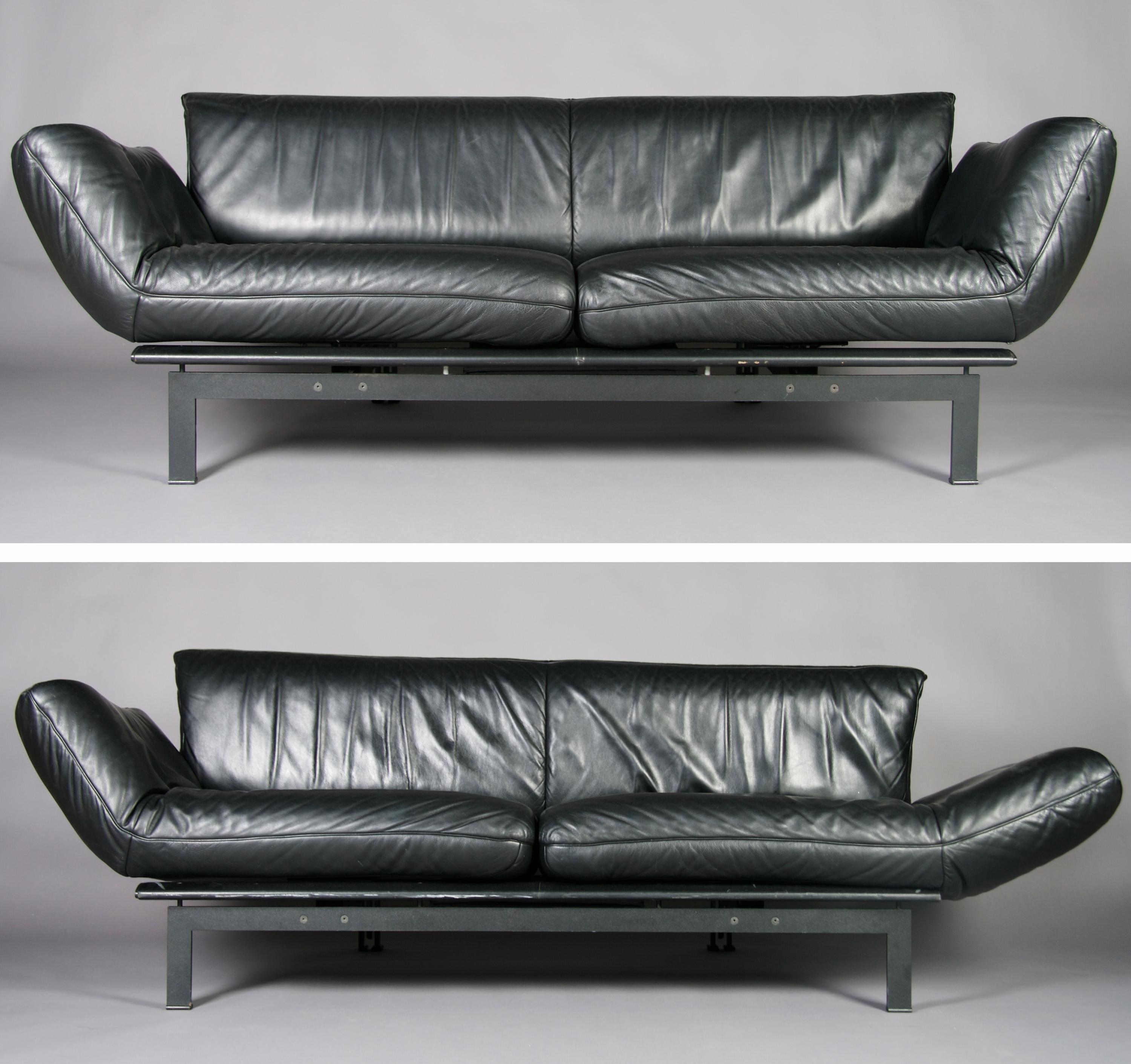 A Pair of Swiss Leather Couches, de Sede, Height 30 x width 87 x depth 33 inches.