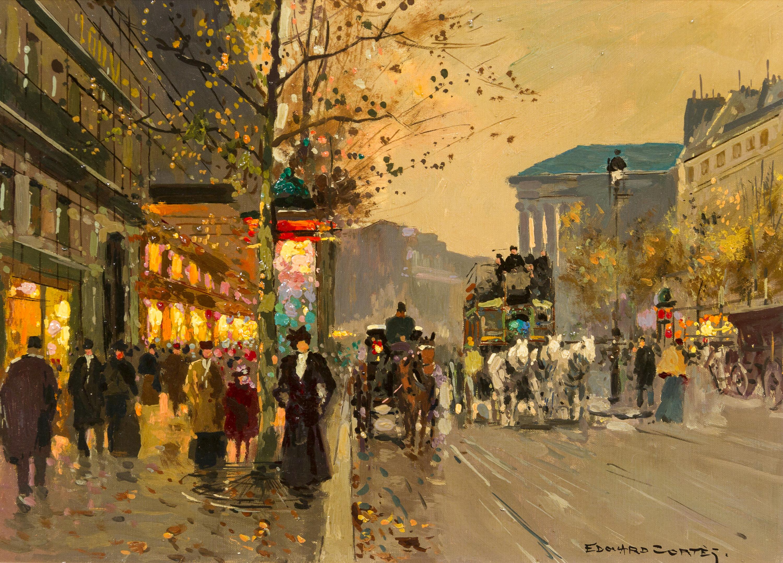 Edouard Leon Cortes, (French, 1882-1969), Paris Street Scene with Horse and Carriage