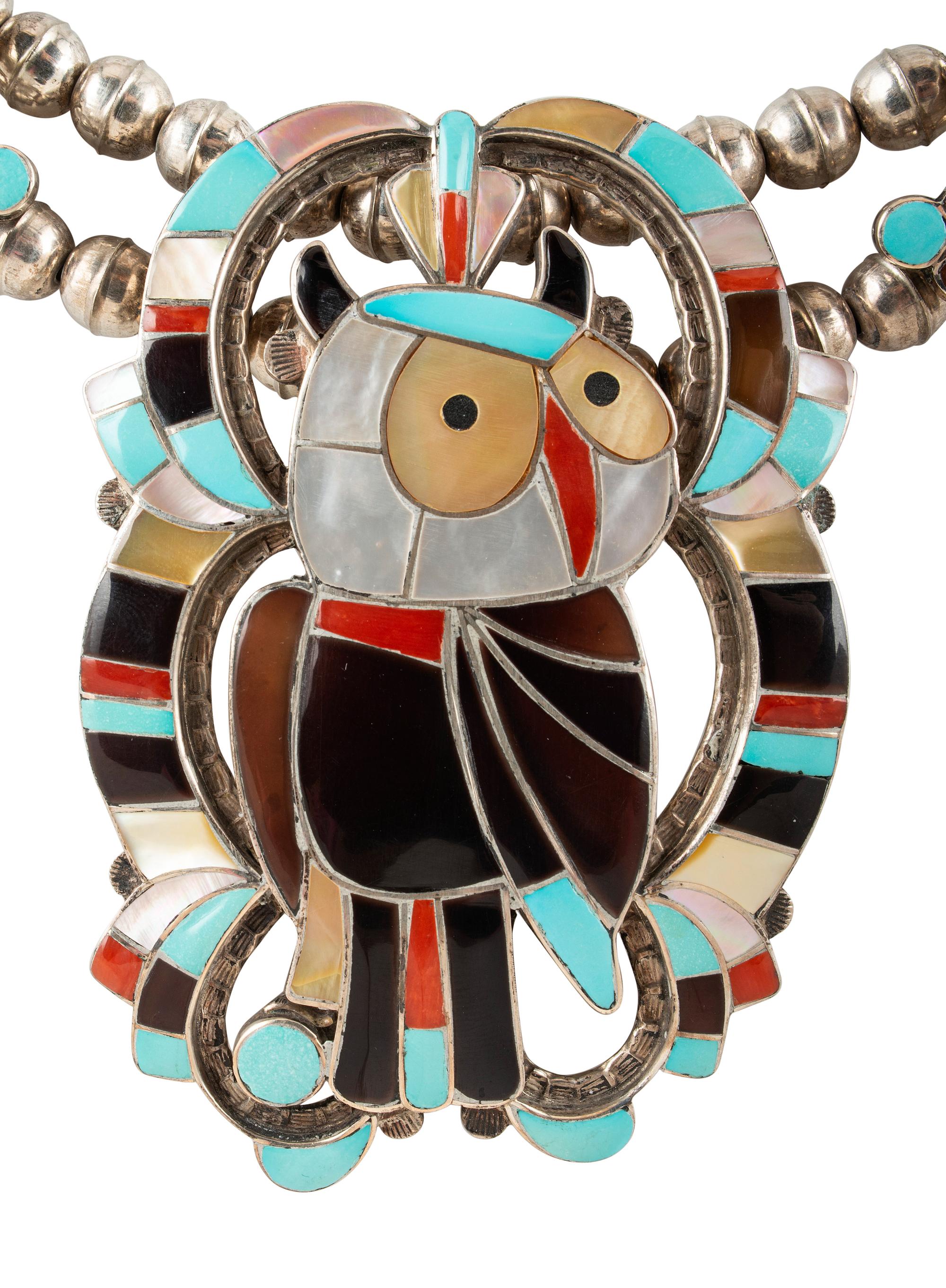 Zuni Channel Inlay Owl Necklace