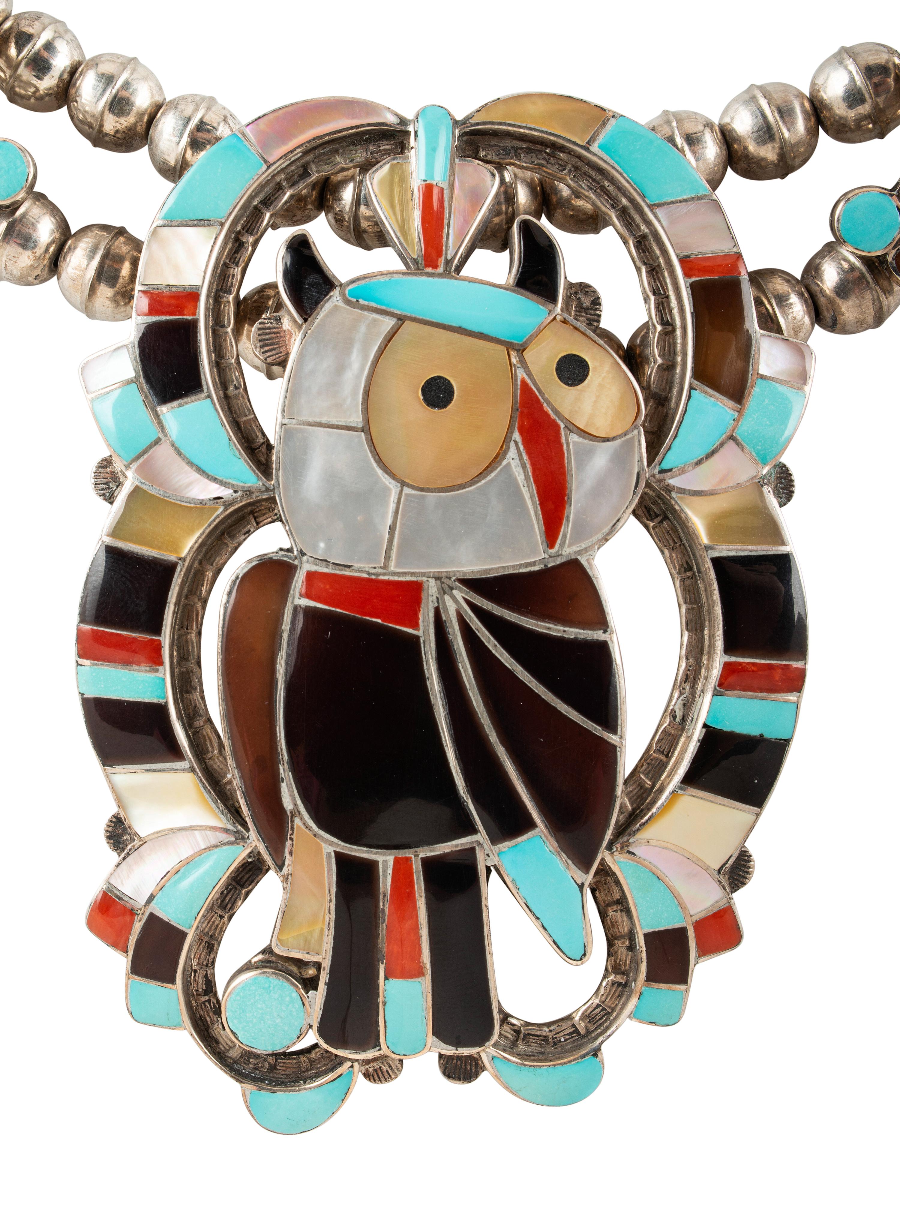 Zuni Channel Inlay Owl Necklace