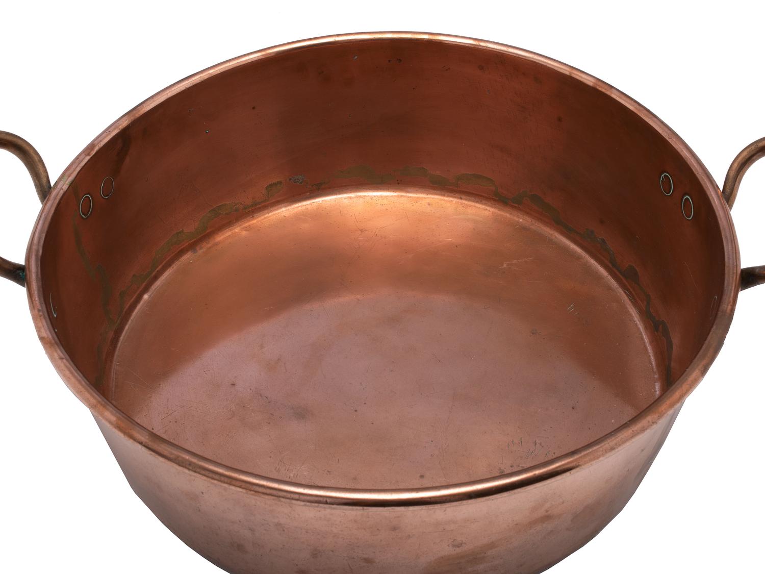An English Copper Preserving Pan with Brass Handles