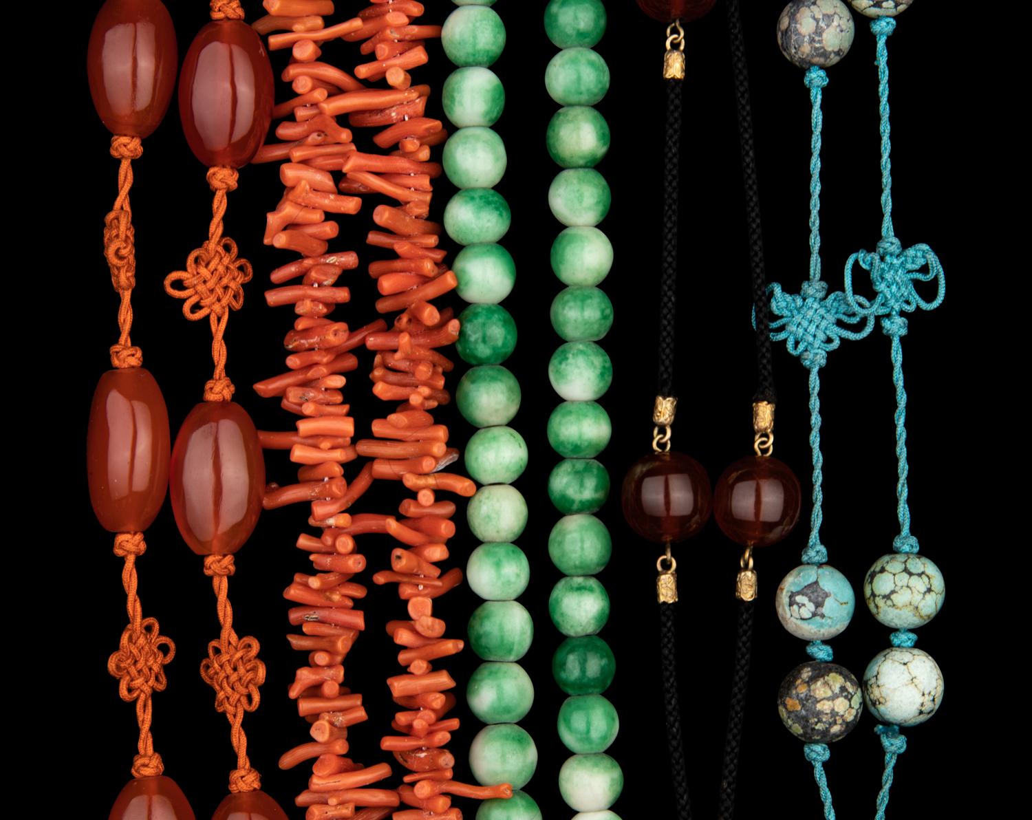 Five Chinese Hardstone and Amber Necklaces