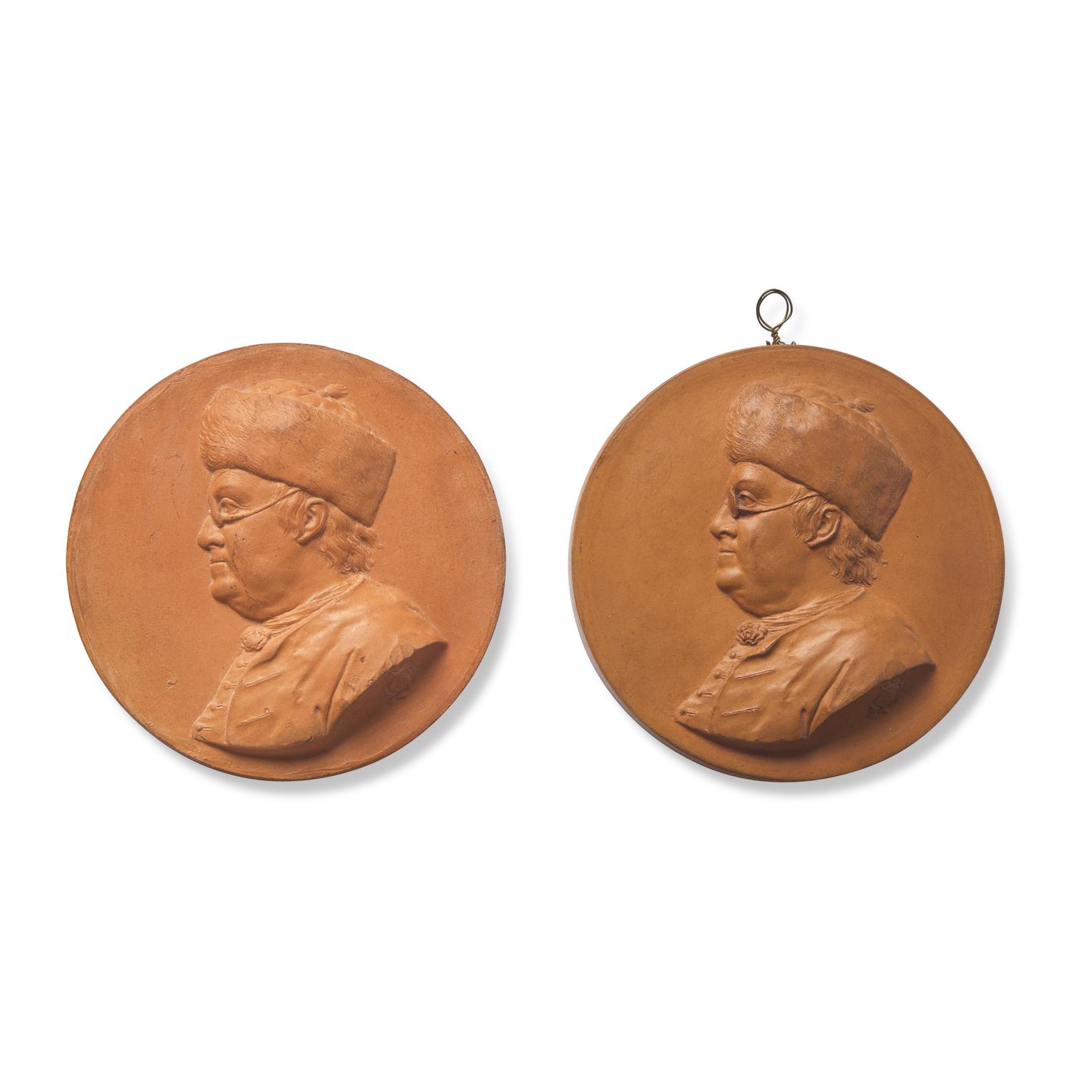 Jean-Baptiste Nini (Italian, 1717-1786), Two Terracotta Portrait Medallions: Benjamin Franklin with Fur Hat and Spectacles