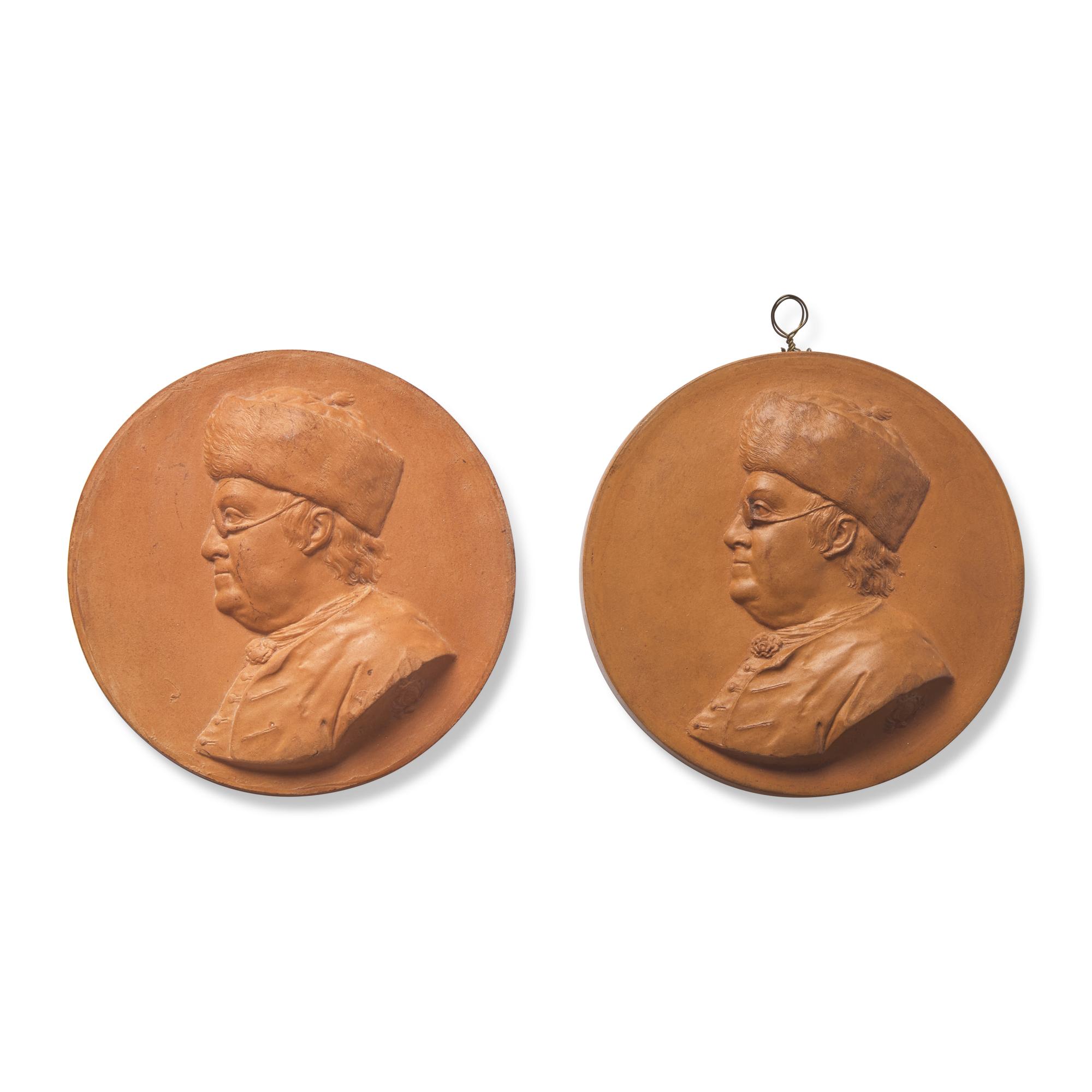Jean-Baptiste Nini (Italian, 1717-1786), Two Terracotta Portrait Medallions: Benjamin Franklin with Fur Hat and Spectacles