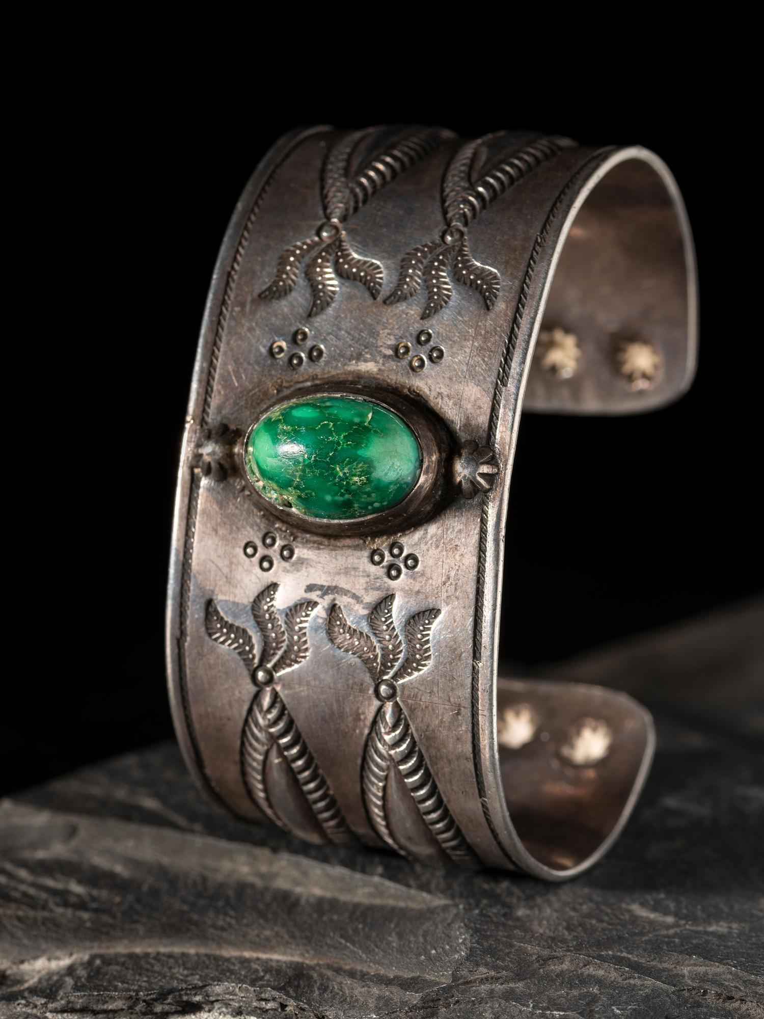 Navajo Ingot Silver and Turquoise Cuff Bracelet, with Repousse Accents