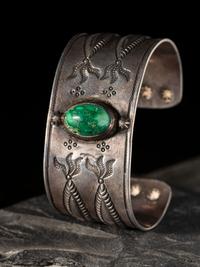 Navajo Ingot Silver and Turquoise Cuff Bracelet, with Repousse Accents