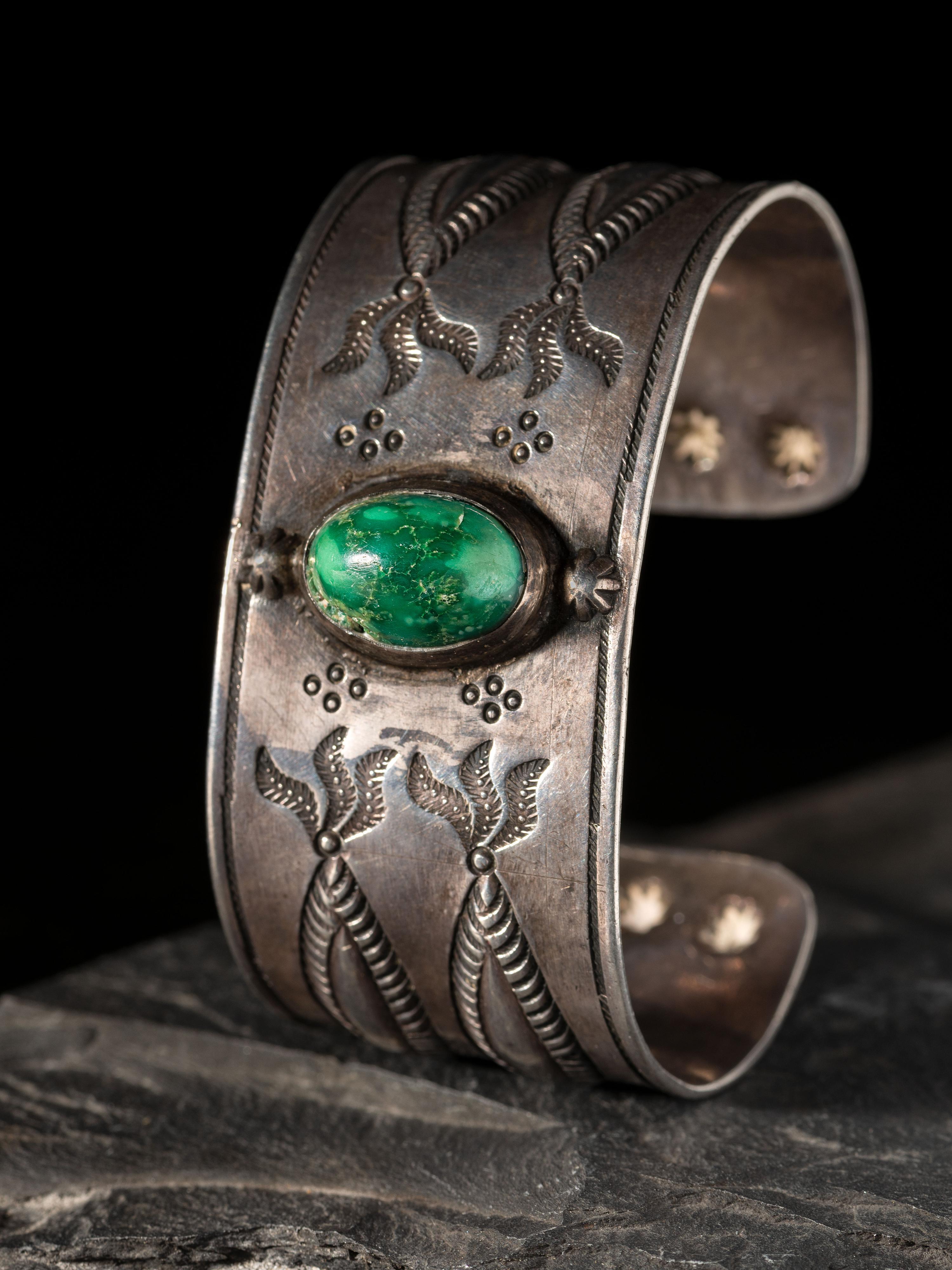 Navajo Ingot Silver and Turquoise Cuff Bracelet, with Repousse Accents