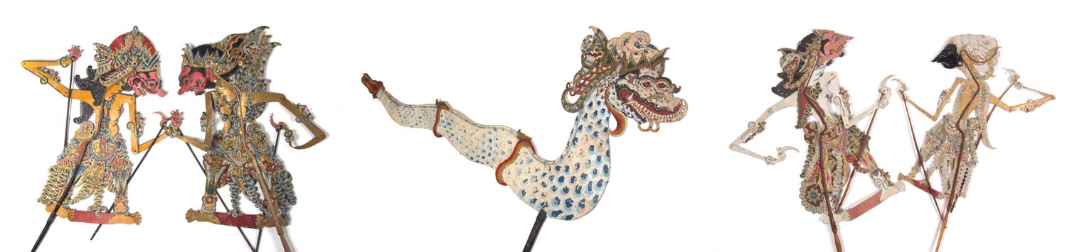 A Collection of Five Indonesian Wayang Kulit Shadow Puppets Height of tallest 31 inches.