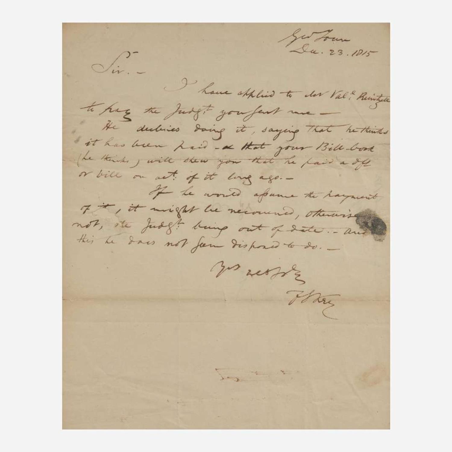 [Americana] Key, Francis Scott Autograph Letter, signed