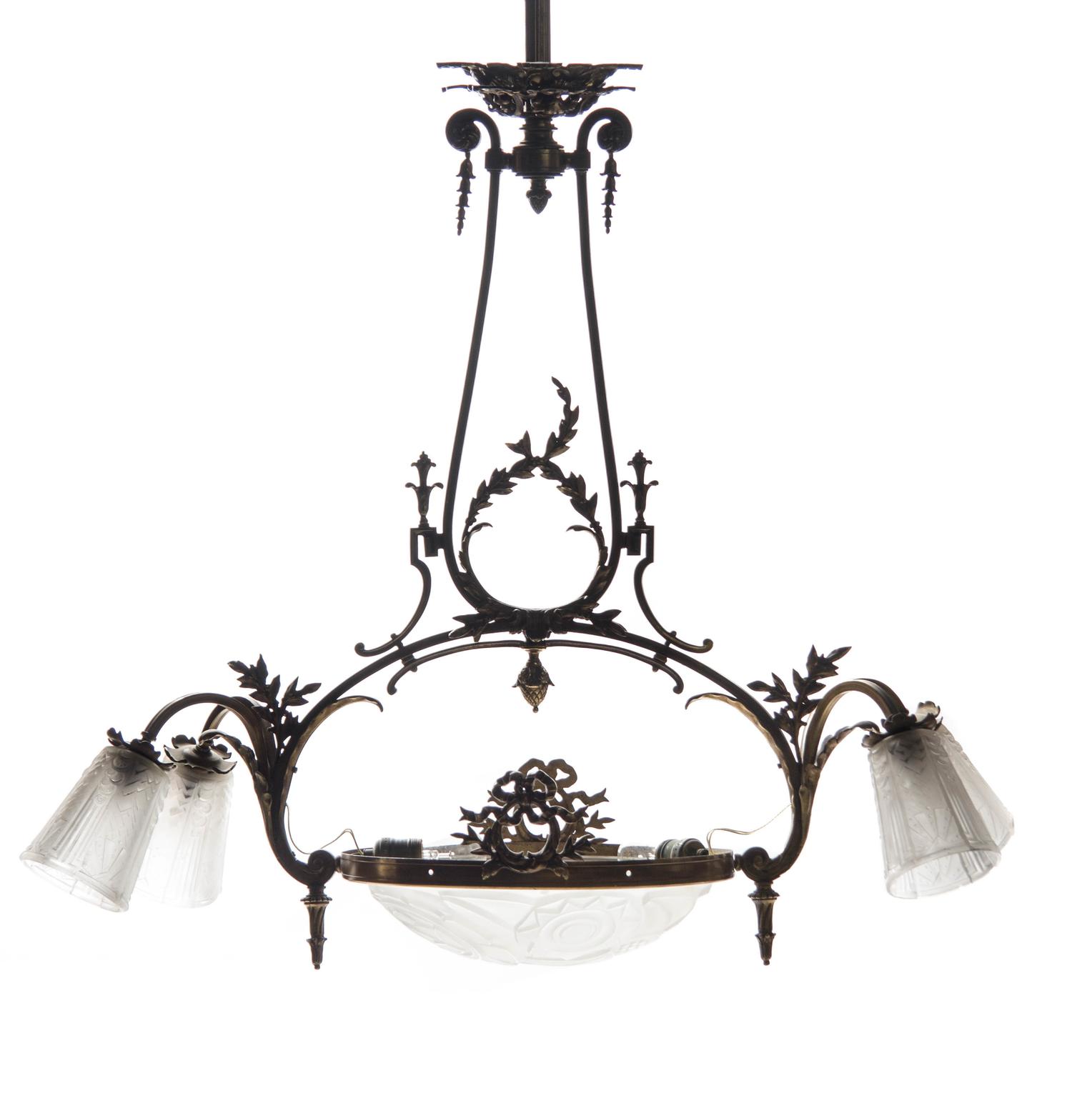 A French Brass and Frosted Glass Five-Light Fixture, Height 32 x width 35 inches.