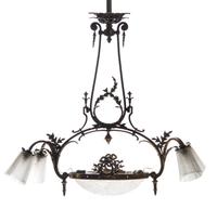 A French Brass and Frosted Glass Five-Light Fixture, Height 32 x width 35 inches.