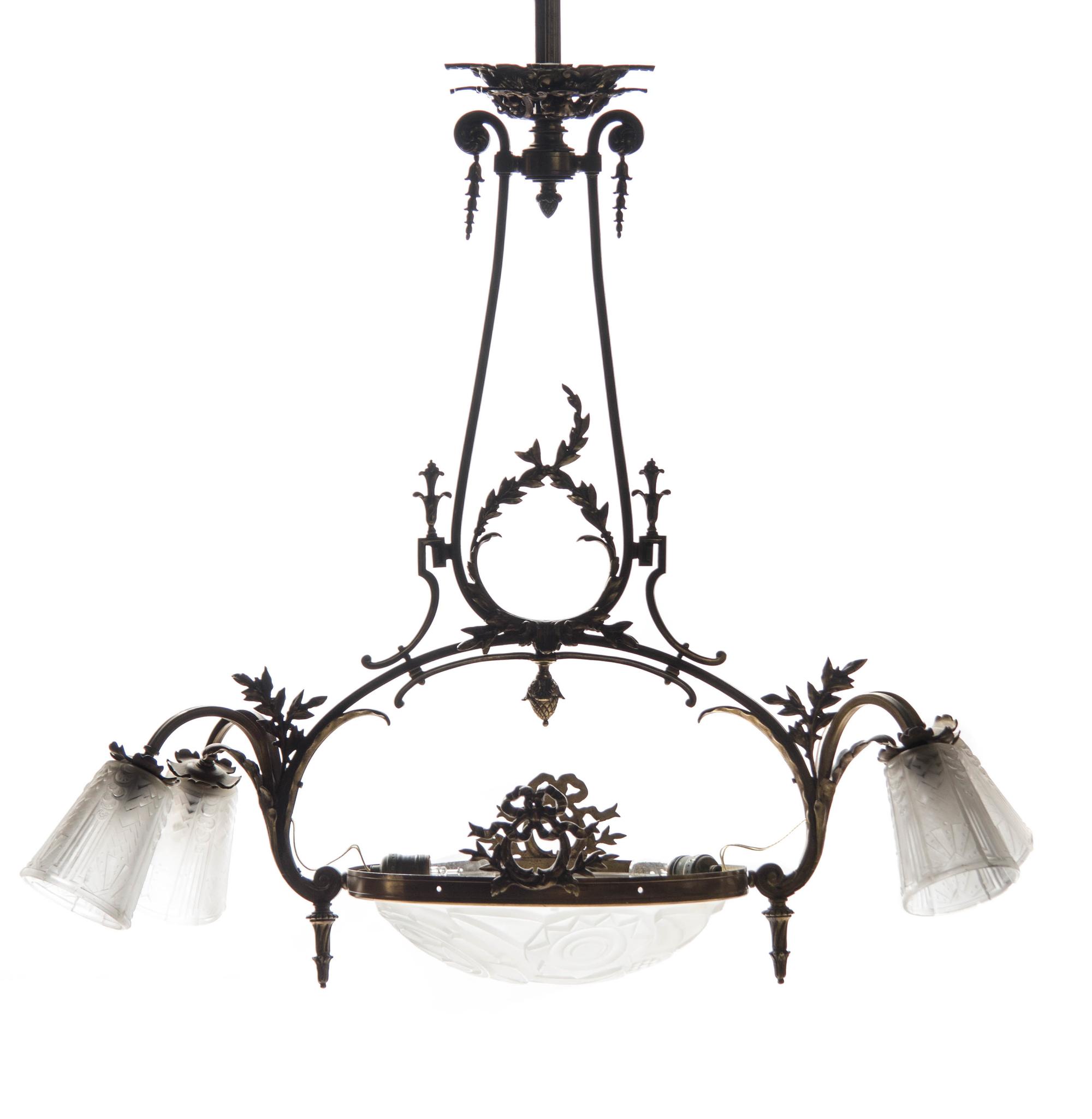 A French Brass and Frosted Glass Five-Light Fixture, Height 32 x width 35 inches.
