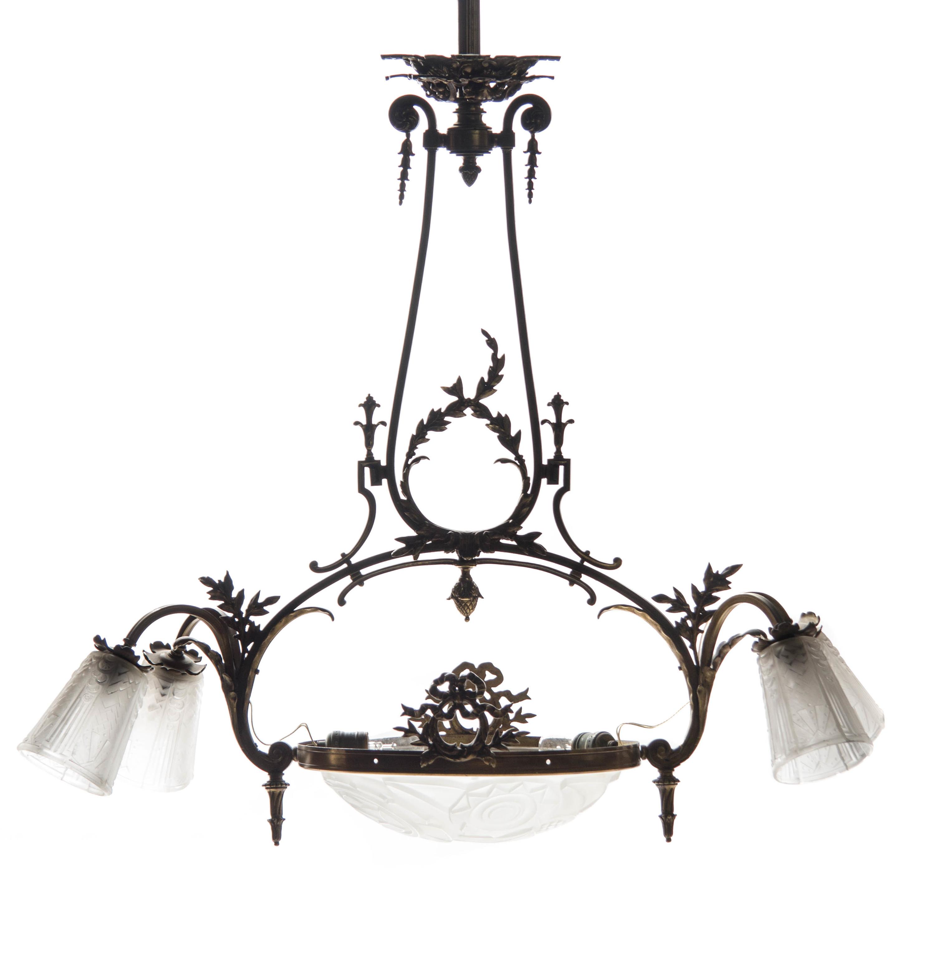 A French Brass and Frosted Glass Five-Light Fixture, Height 32 x width 35 inches.